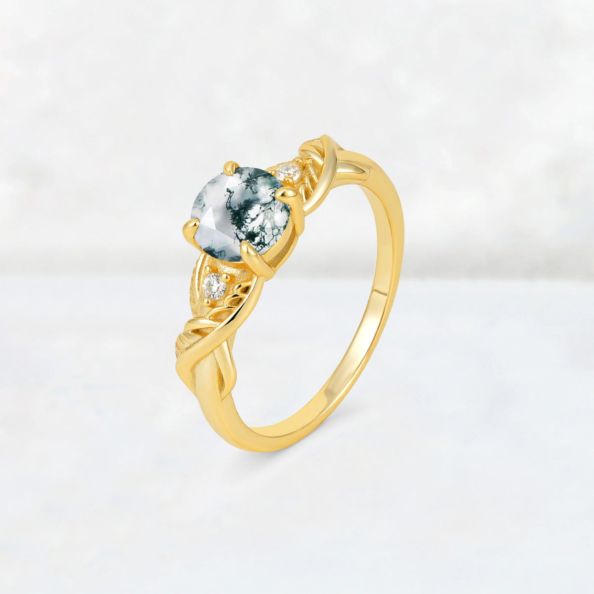 Round Cut Moss Agate Leaf Vine Twist Engagement Ring - Additional view