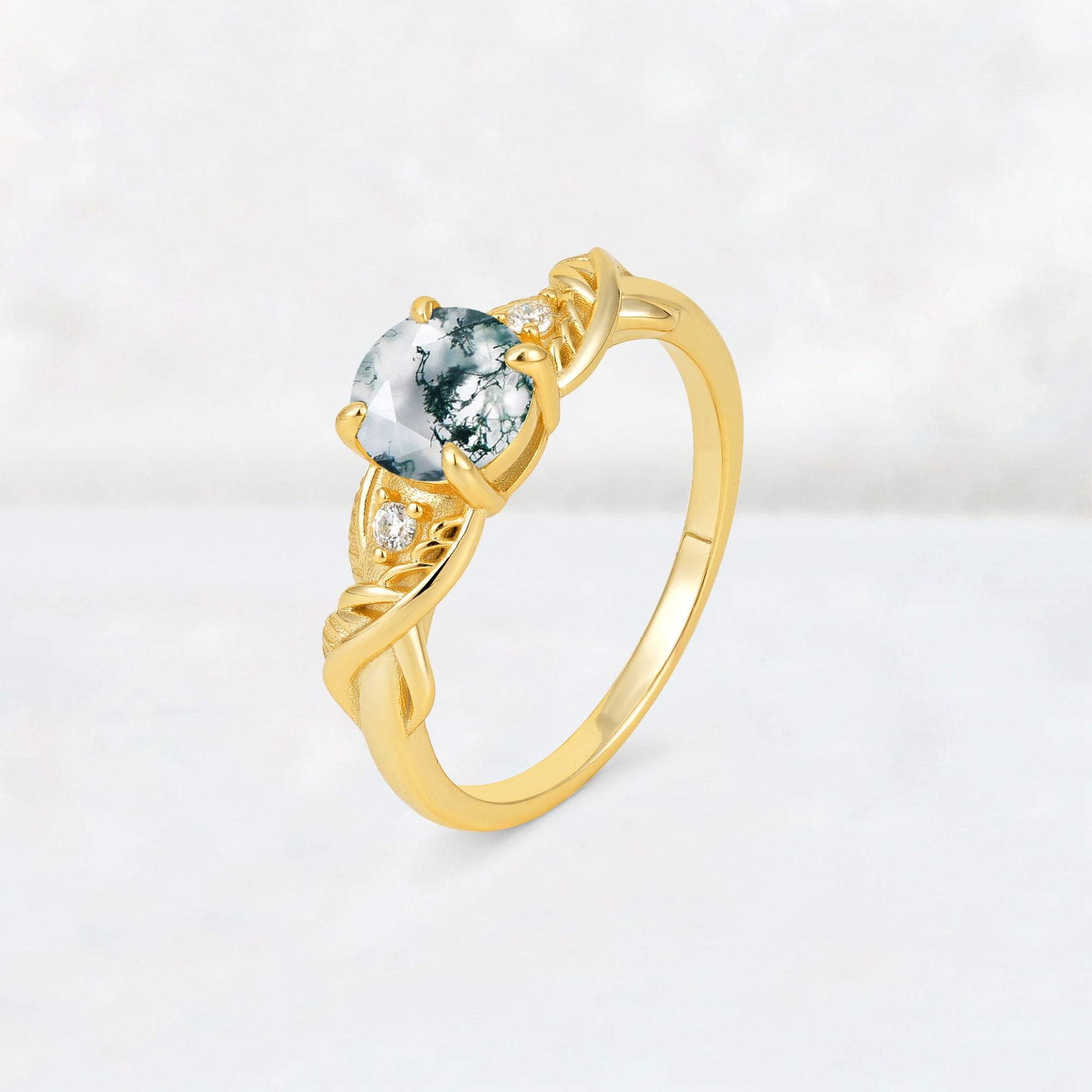 Round Cut Moss Agate Leaf Vine Twist Engagement Ring - Additional view
