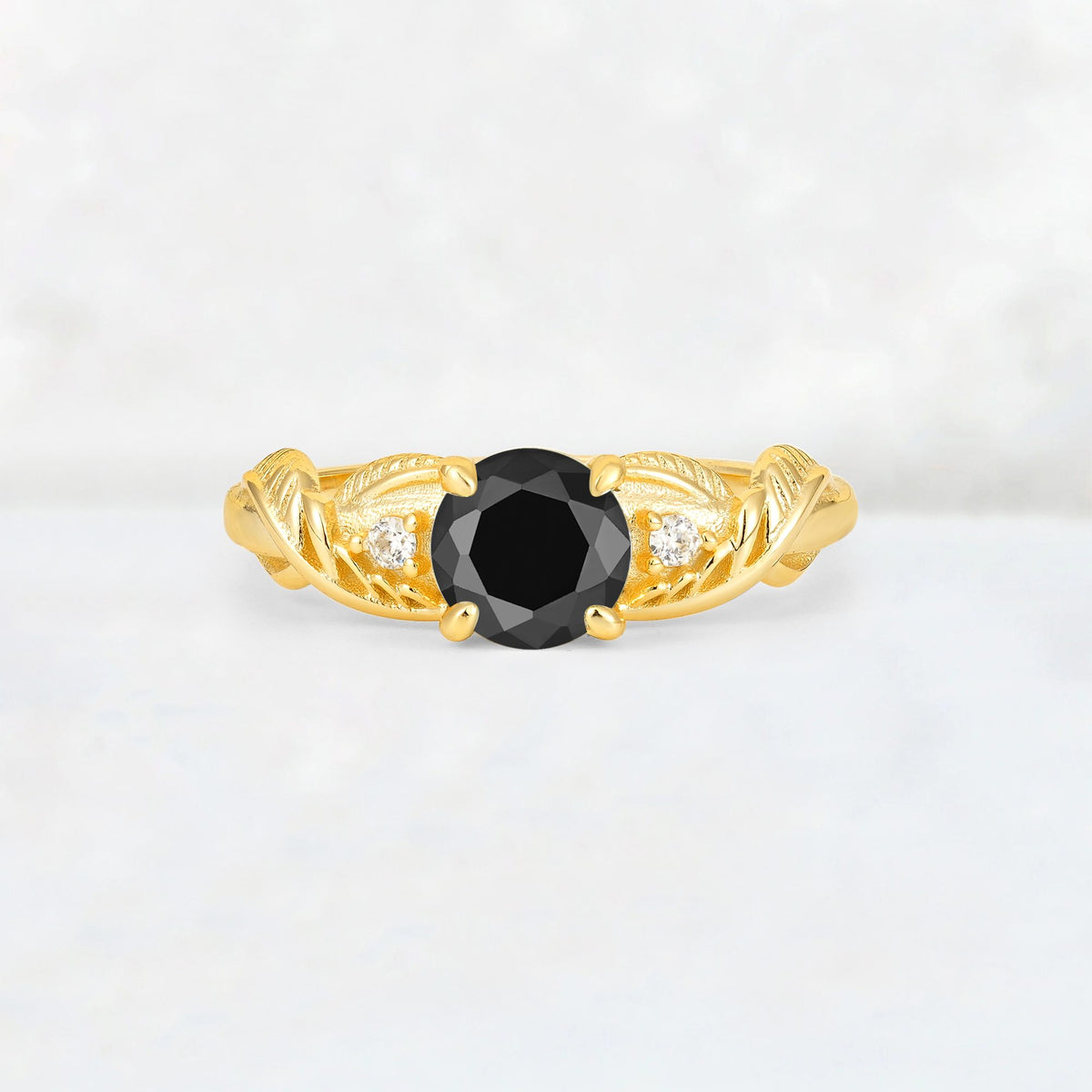 Round Cut Black Onyx Leaf Vine Twist Engagement Ring - Additional view