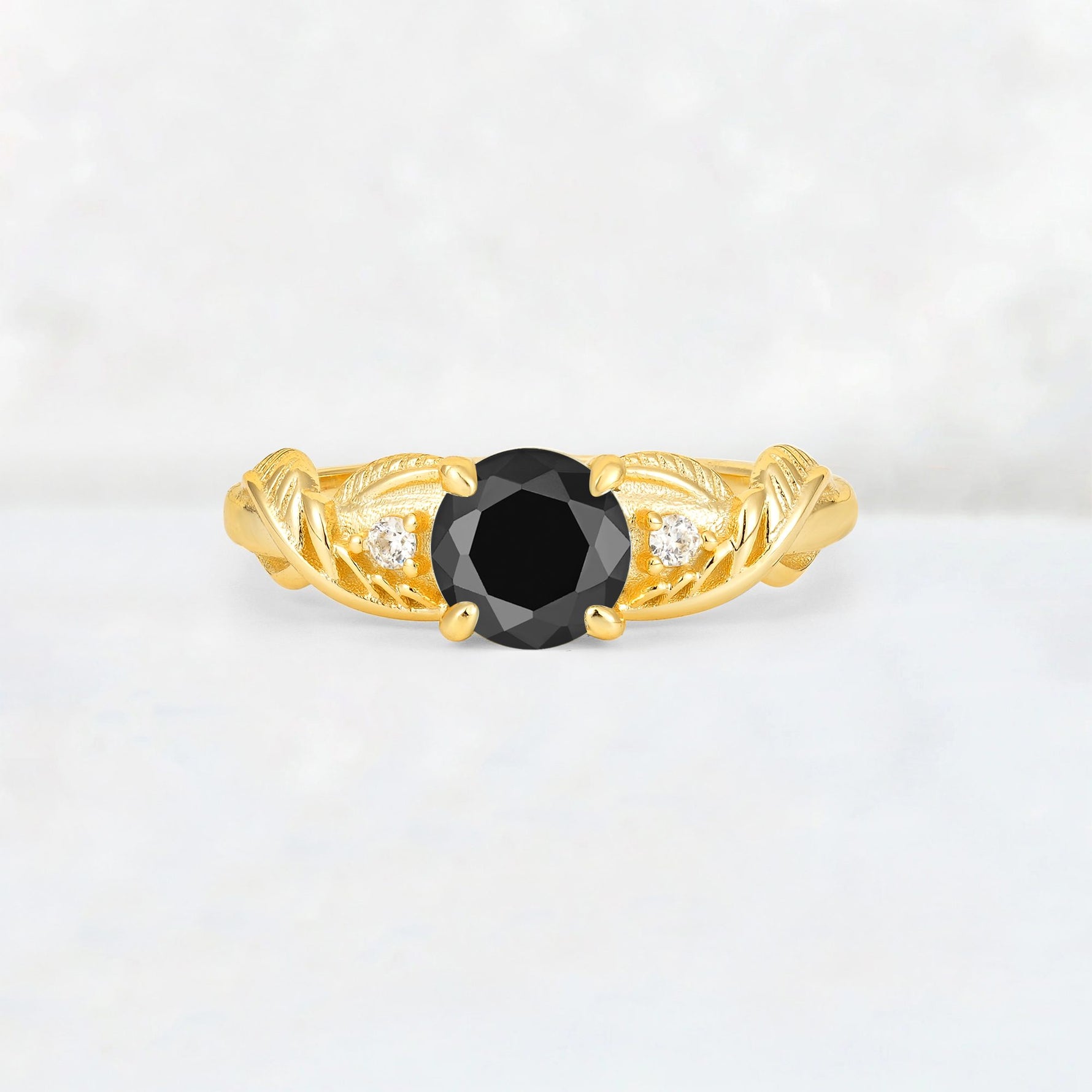Round Cut Black Onyx Leaf Vine Twist Engagement Ring - Additional view
