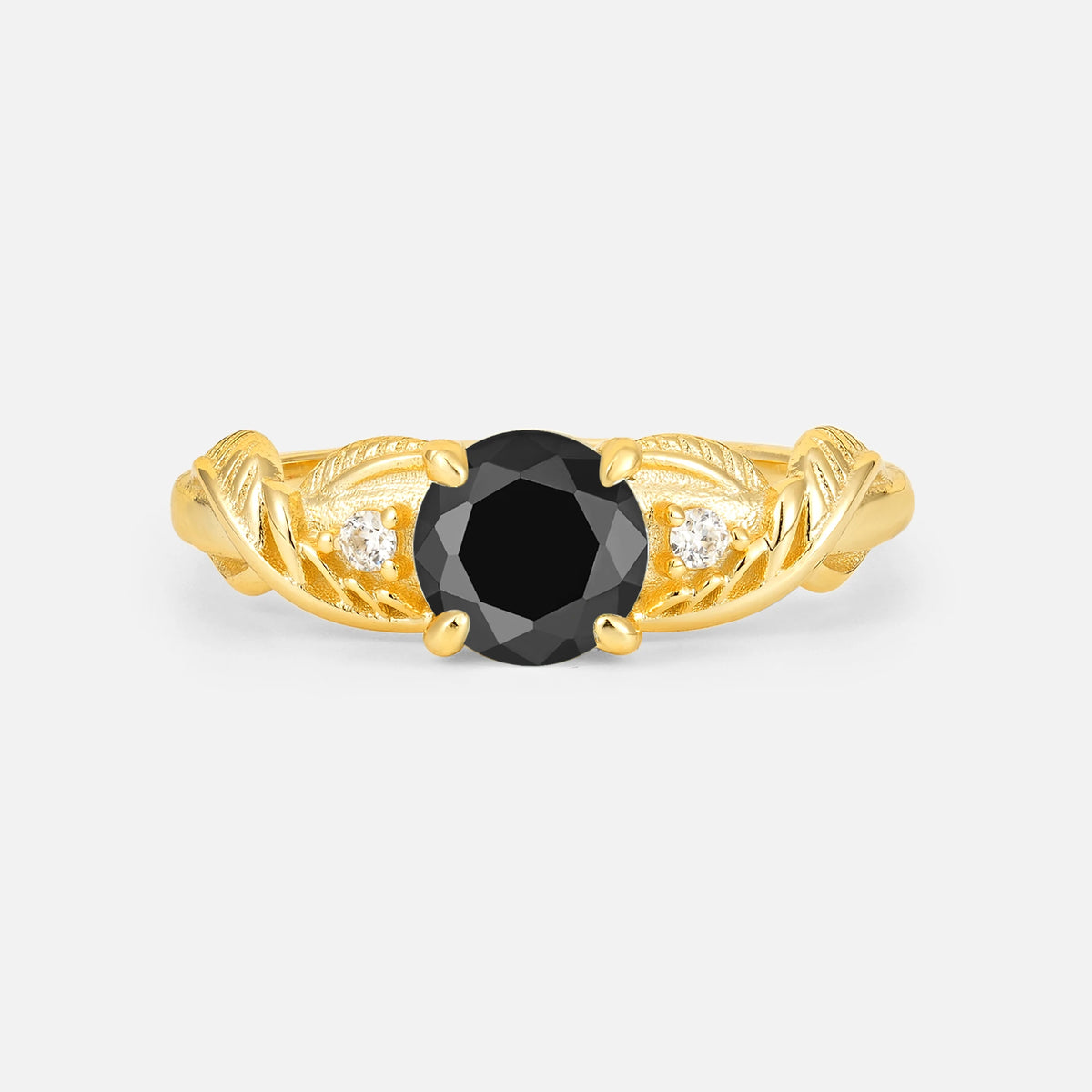 Round Cut Black Onyx Leaf Vine Twist Engagement Ring
