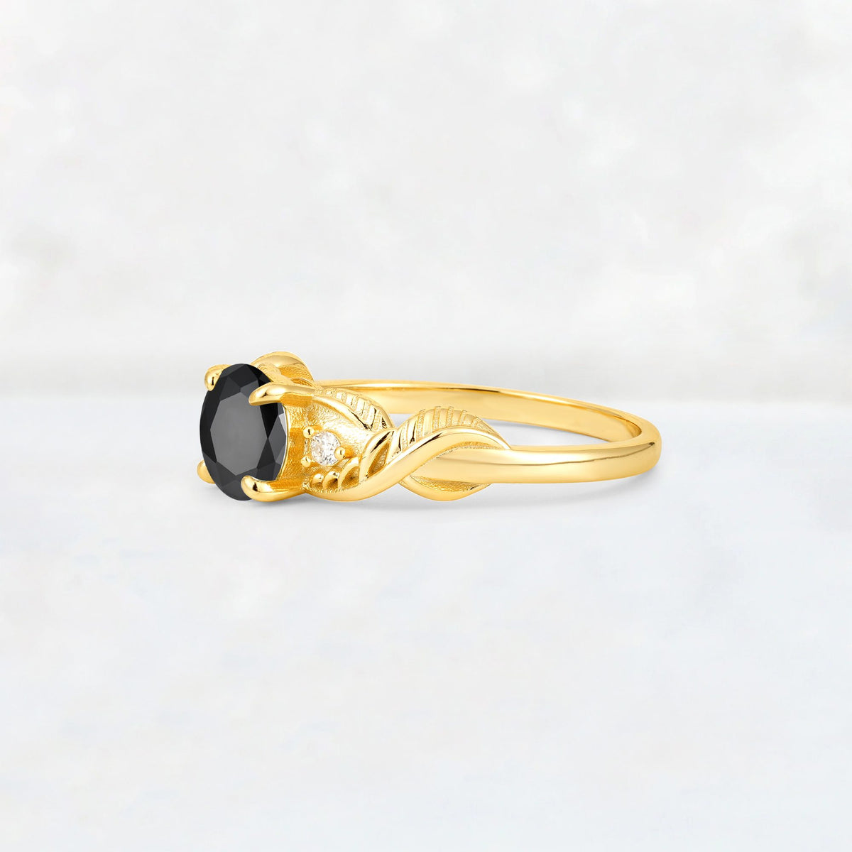 Round Cut Black Onyx Leaf Vine Twist Engagement Ring - Additional view