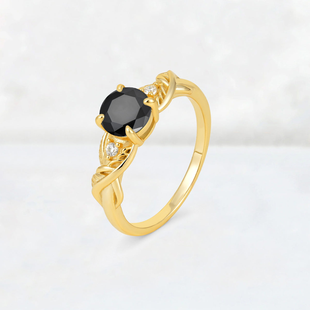 Round Cut Black Onyx Leaf Vine Twist Engagement Ring - Additional view