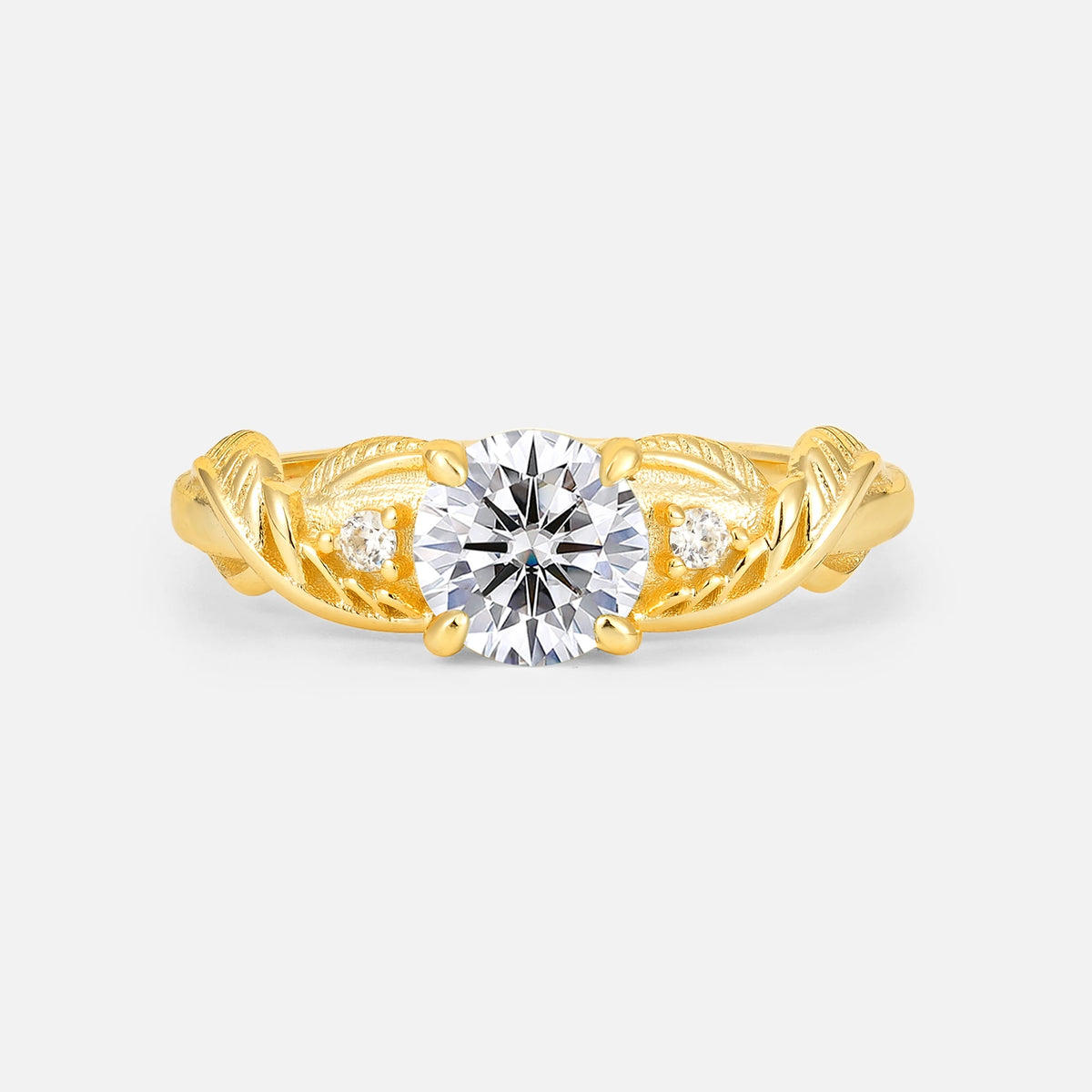 Round Cut Lab Diamond Leaf Vine Twist Engagement Ring