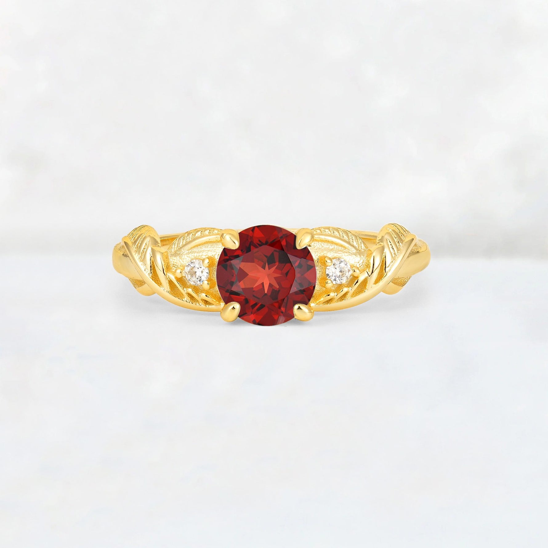 Round Cut Garnet Leaf Vine Twist Engagement Ring - Additional view