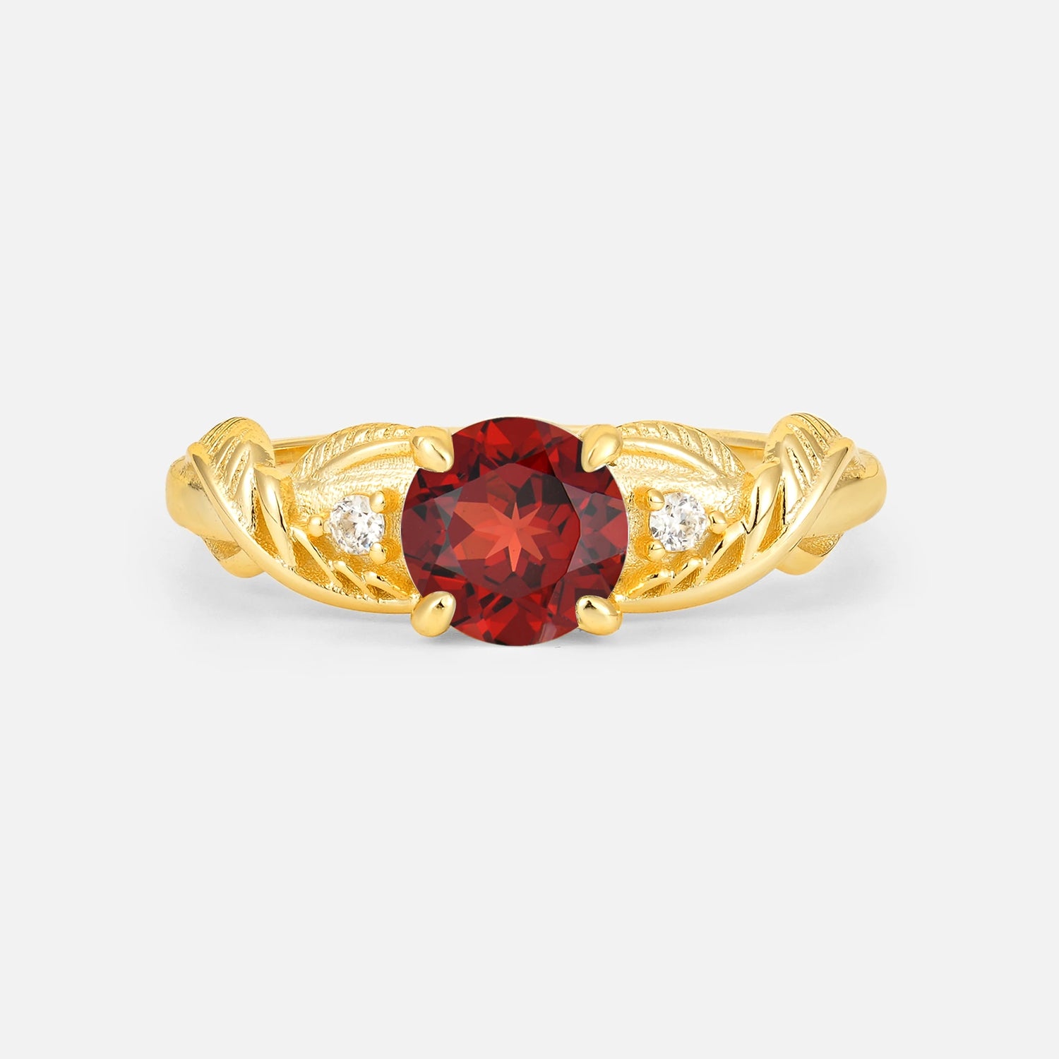 Round Cut Garnet Leaf Vine Twist Engagement Ring