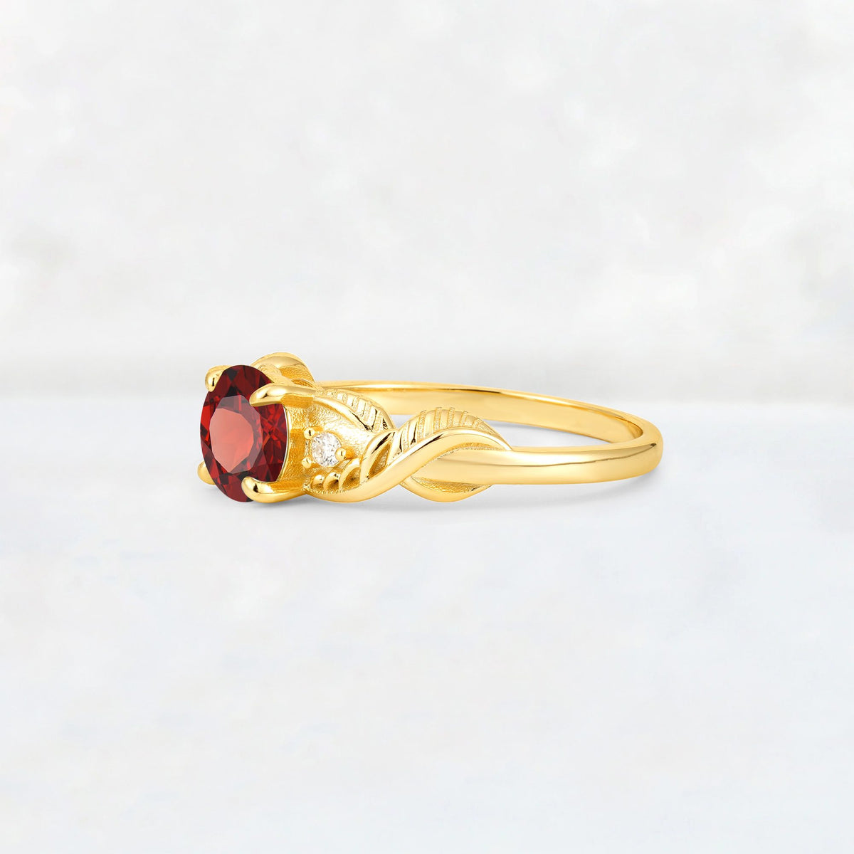 Round Cut Garnet Leaf Vine Twist Engagement Ring - Additional view