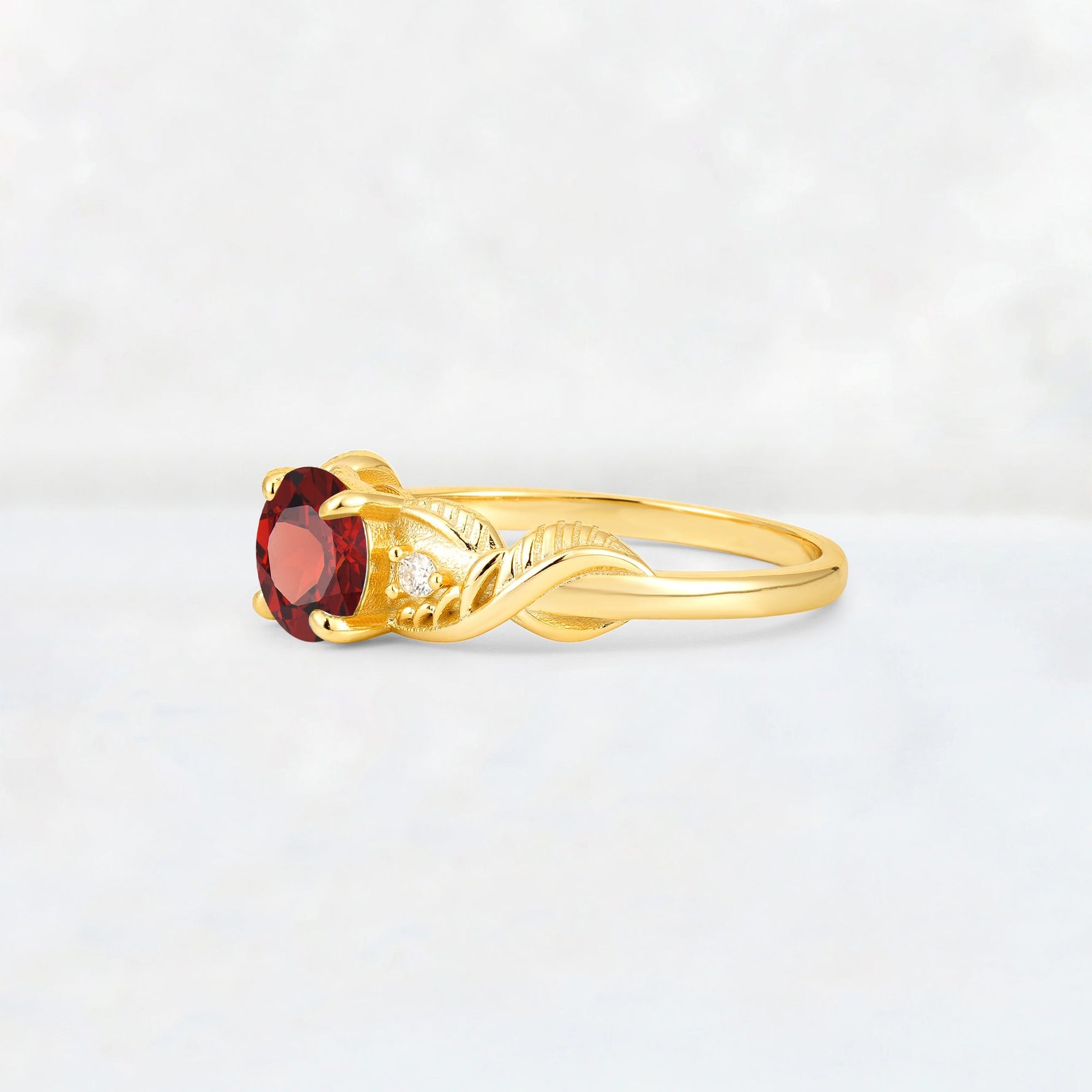 Round Cut Garnet Leaf Vine Twist Engagement Ring - Additional view