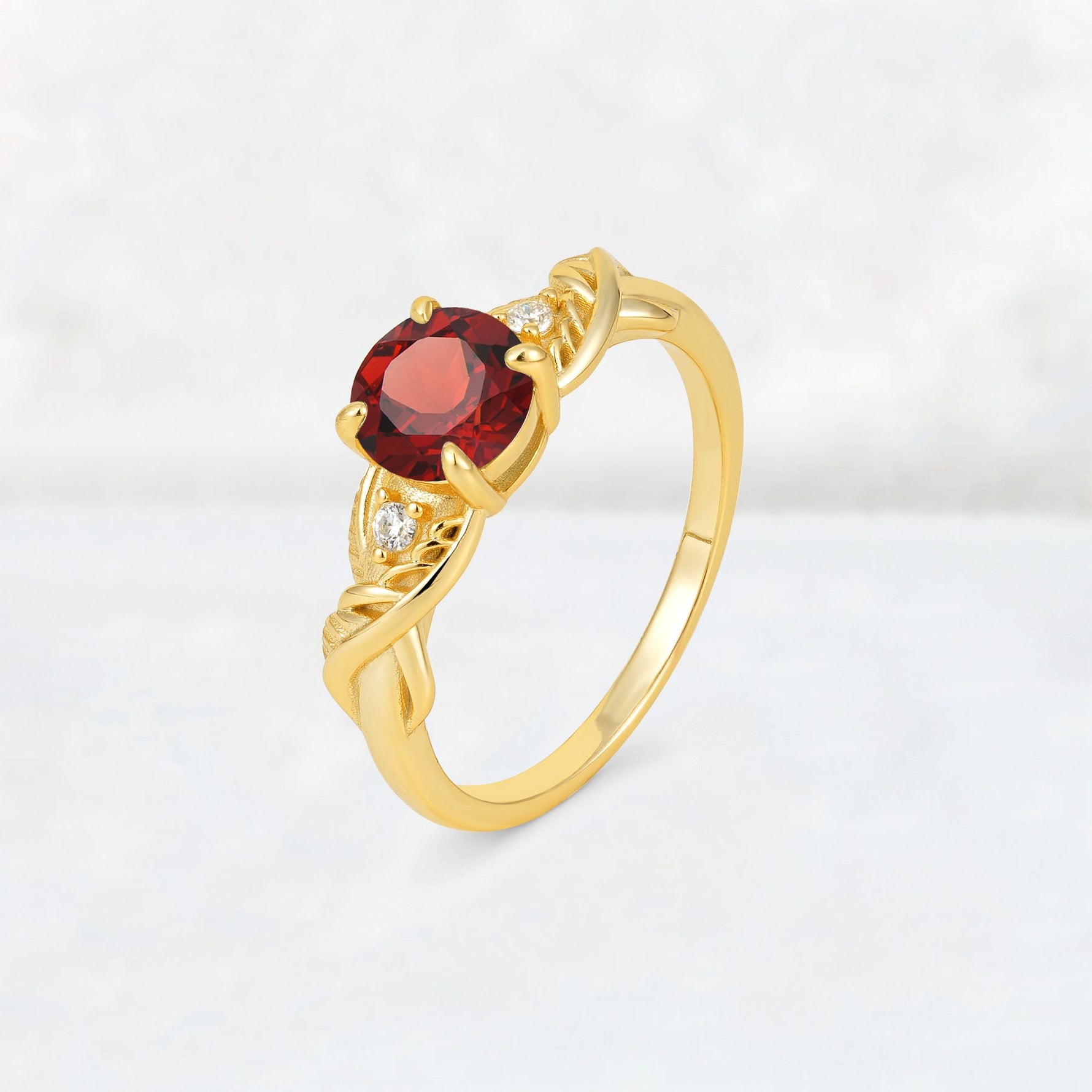Round Cut Garnet Leaf Vine Twist Engagement Ring - Additional view