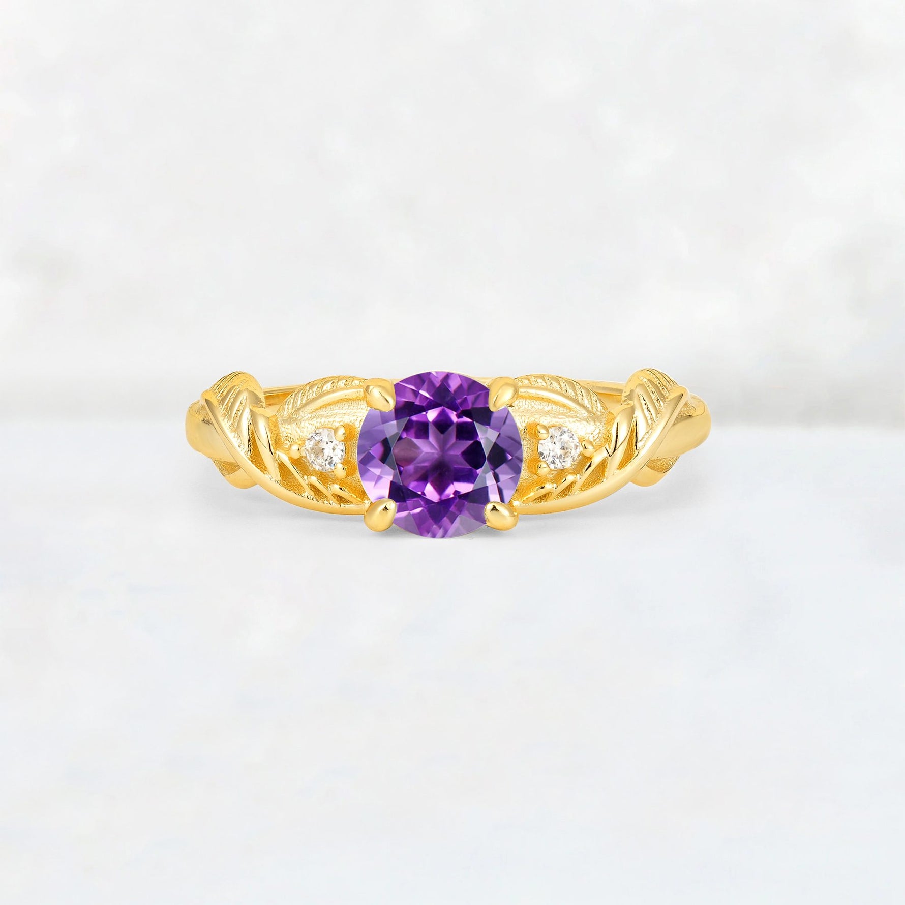 Round Cut Amethyst Leaf Vine Twist Engagement Ring - Additional view