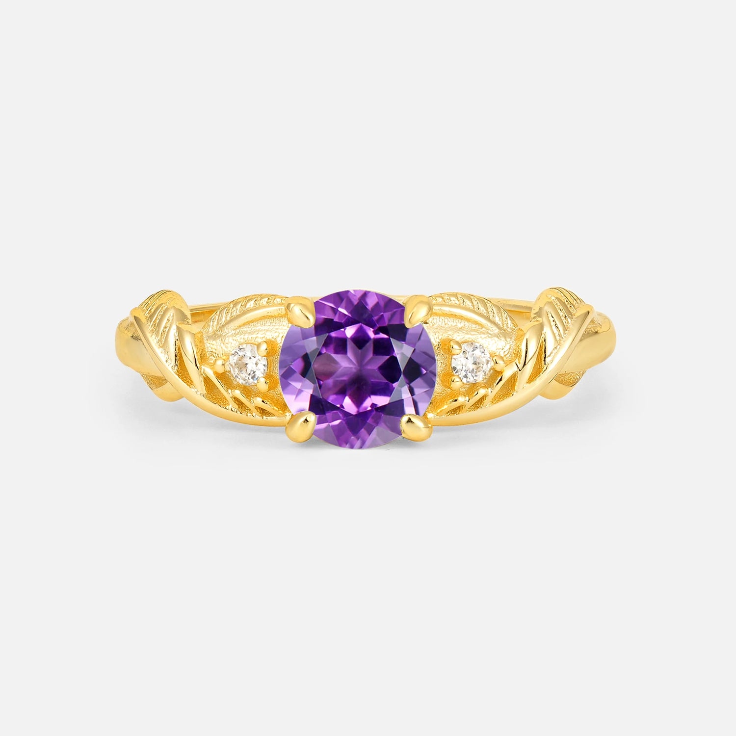 Round Cut Amethyst Leaf Vine Twist Engagement Ring