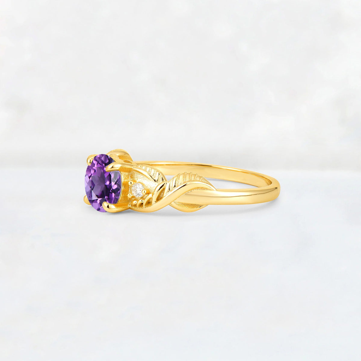 Round Cut Amethyst Leaf Vine Twist Engagement Ring - Additional view