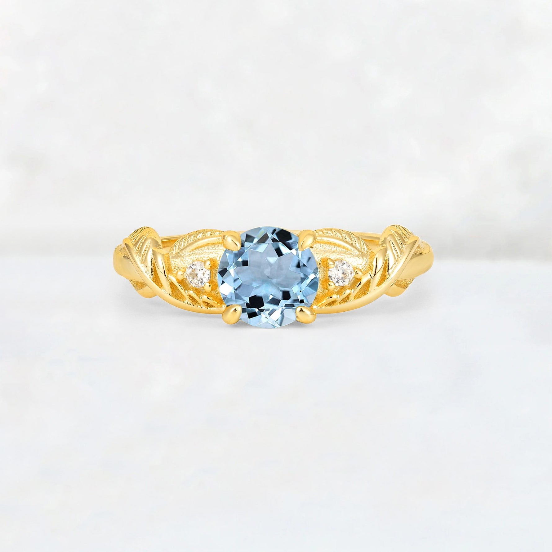 Round Cut Aquamarine Leaf Vine Twist Engagement Ring - Additional view
