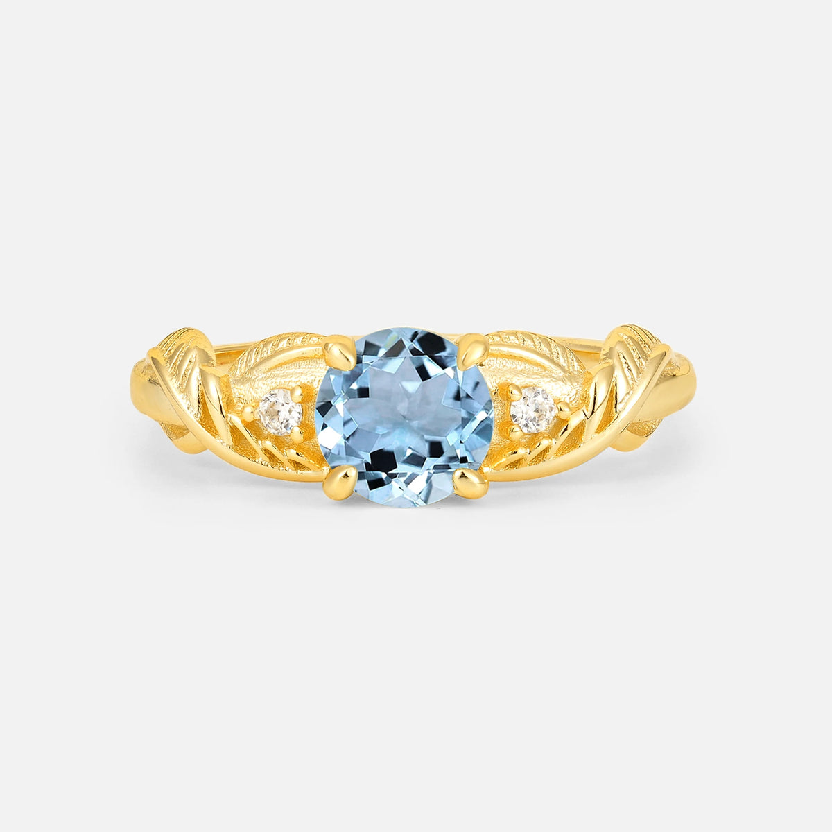 Round Cut Aquamarine Leaf Vine Twist Engagement Ring