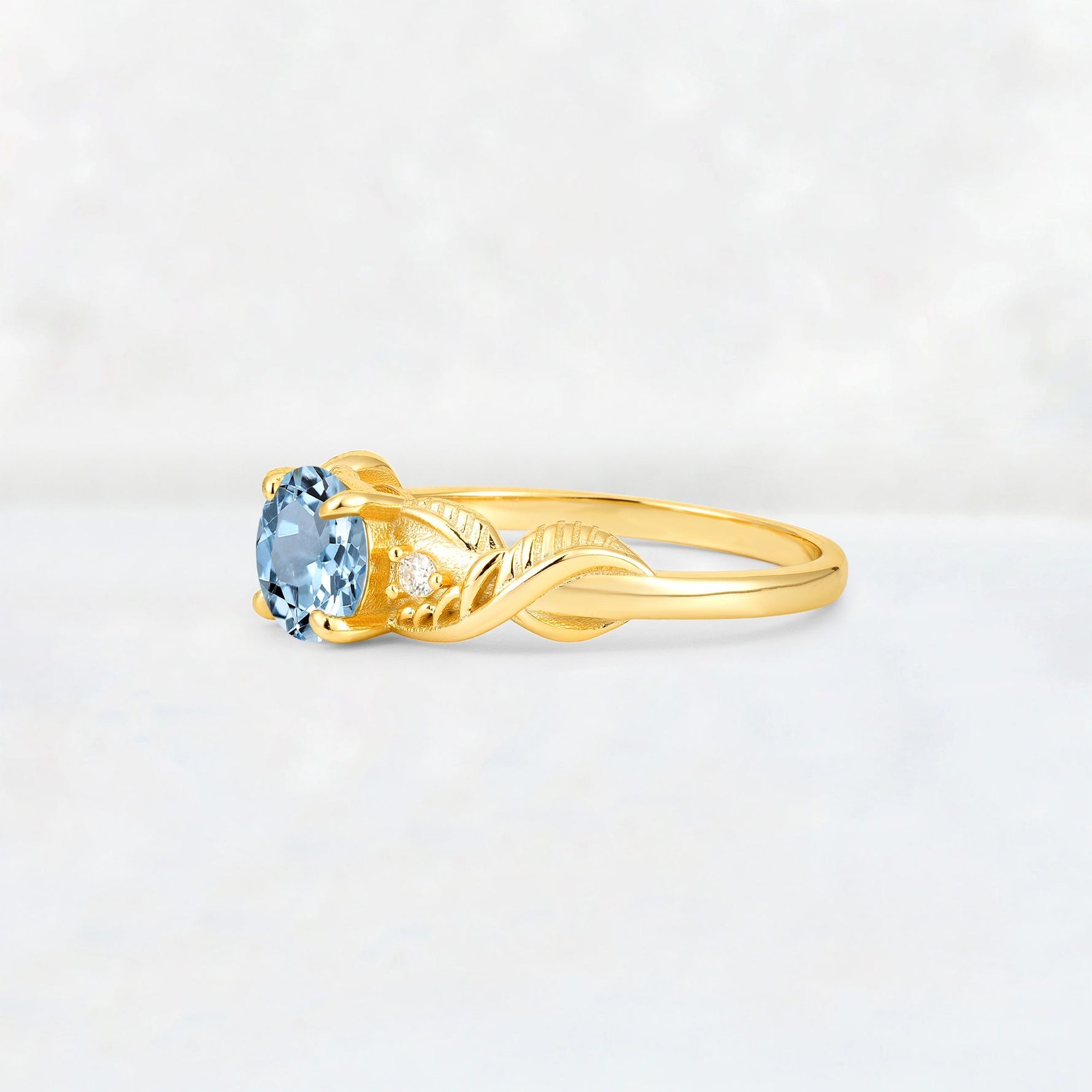 Round Cut Aquamarine Leaf Vine Twist Engagement Ring - Additional view