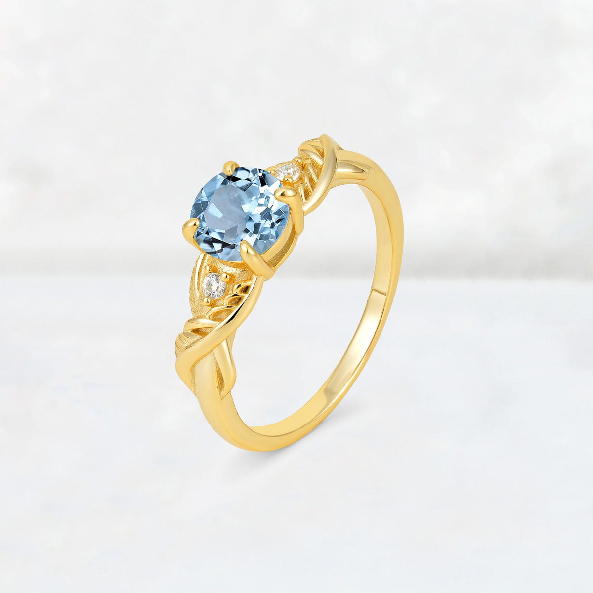 Round Cut Aquamarine Leaf Vine Twist Engagement Ring - Additional view