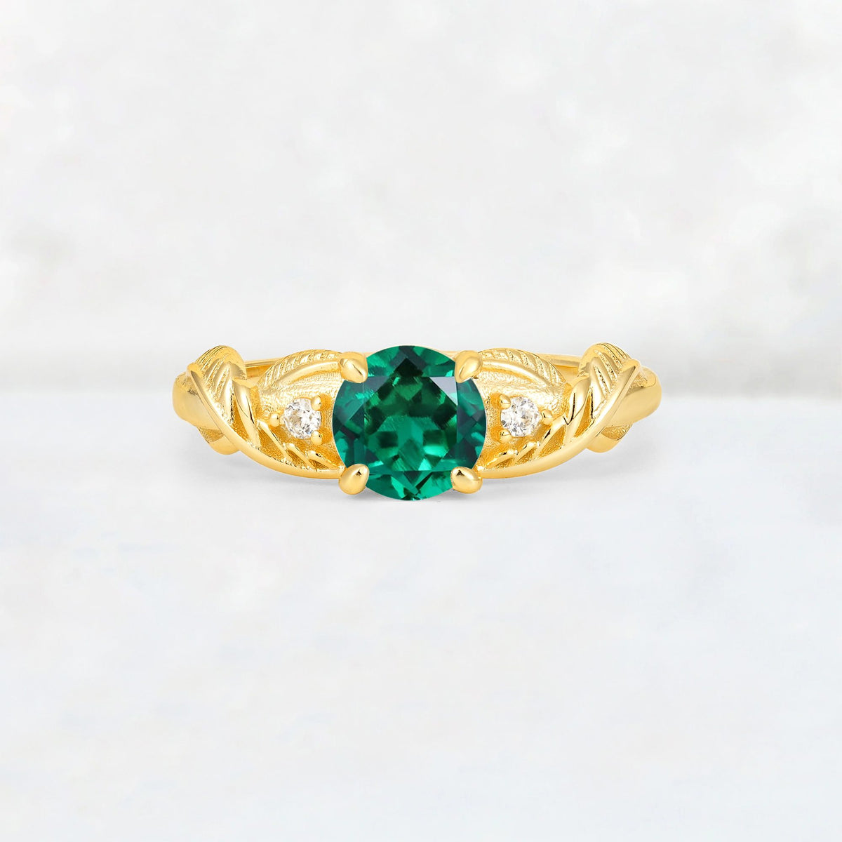 Round Cut Emerald Leaf Vine Twist Engagement Ring - Additional view