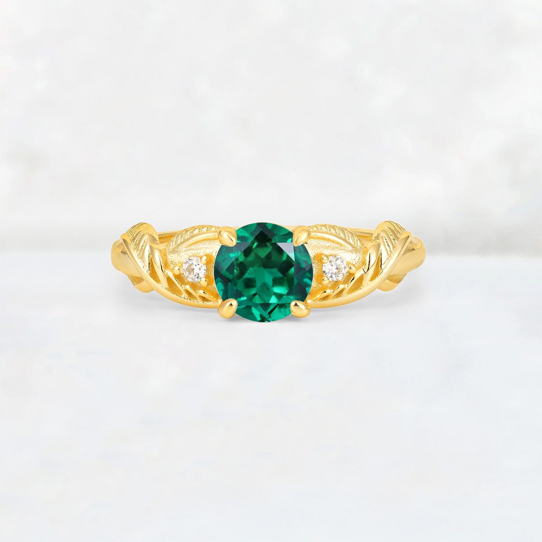 Round Cut Emerald Leaf Vine Twist Engagement Ring - Additional view