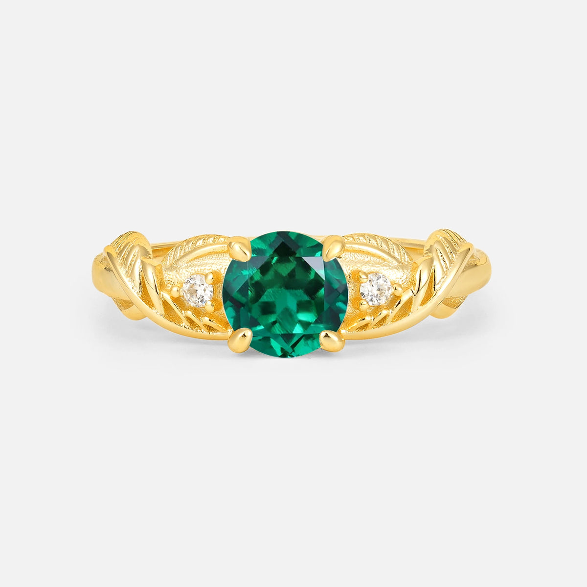 Round Cut Emerald Leaf Vine Twist Engagement Ring