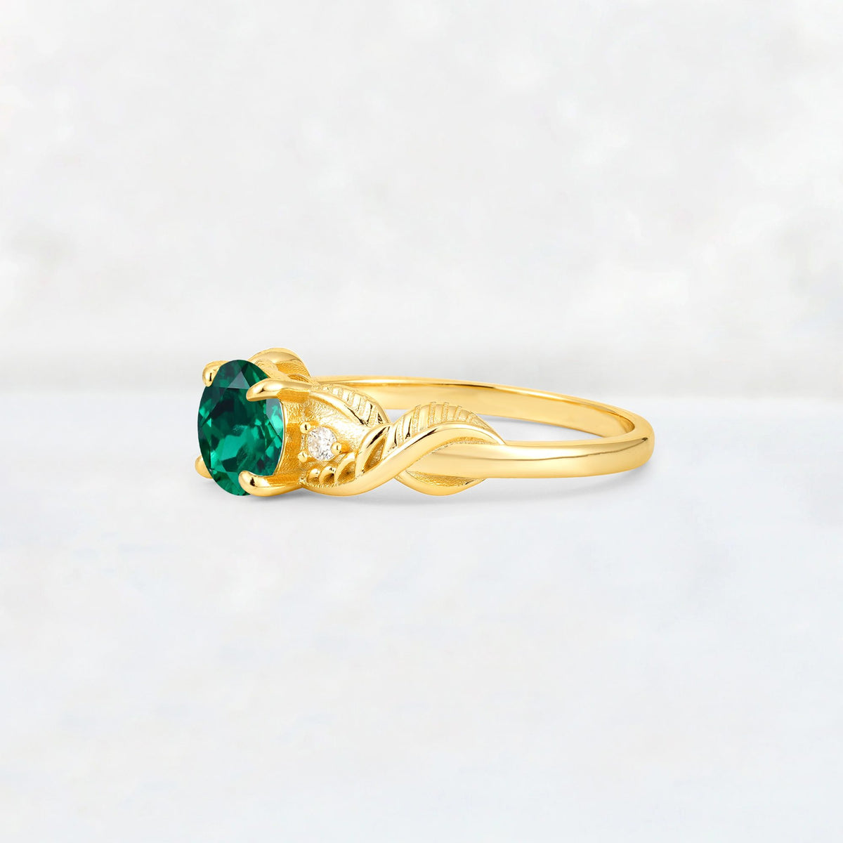 Round Cut Emerald Leaf Vine Twist Engagement Ring - Additional view