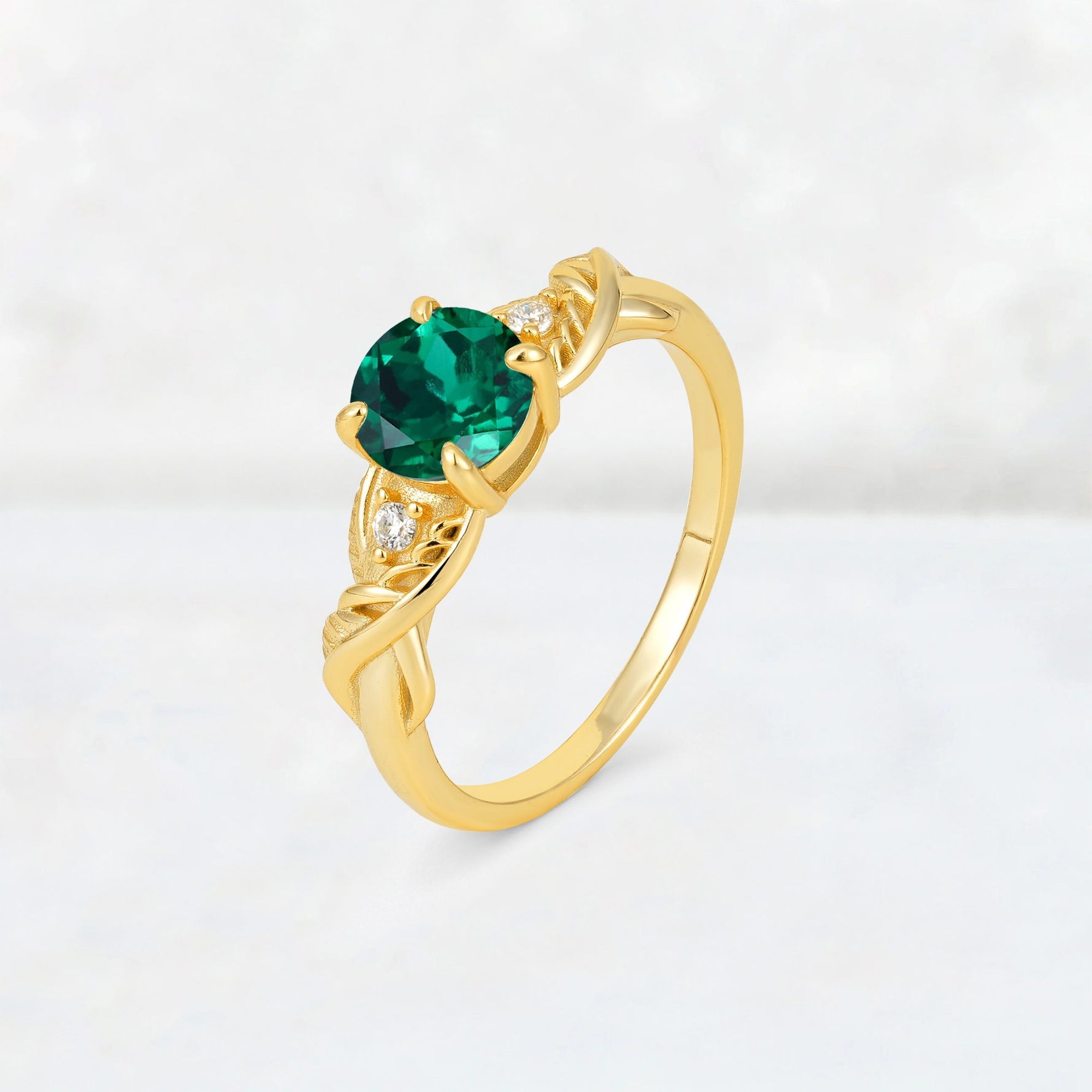 Round Cut Emerald Leaf Vine Twist Engagement Ring - Additional view