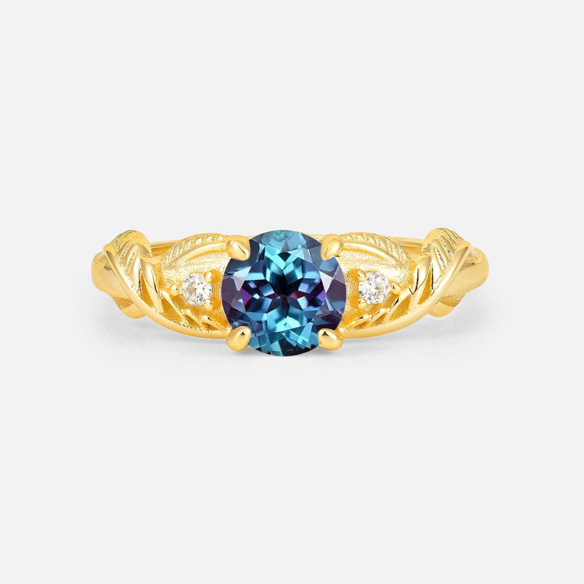 Round Cut Alexandrite Leaf Vine Twist Engagement Ring