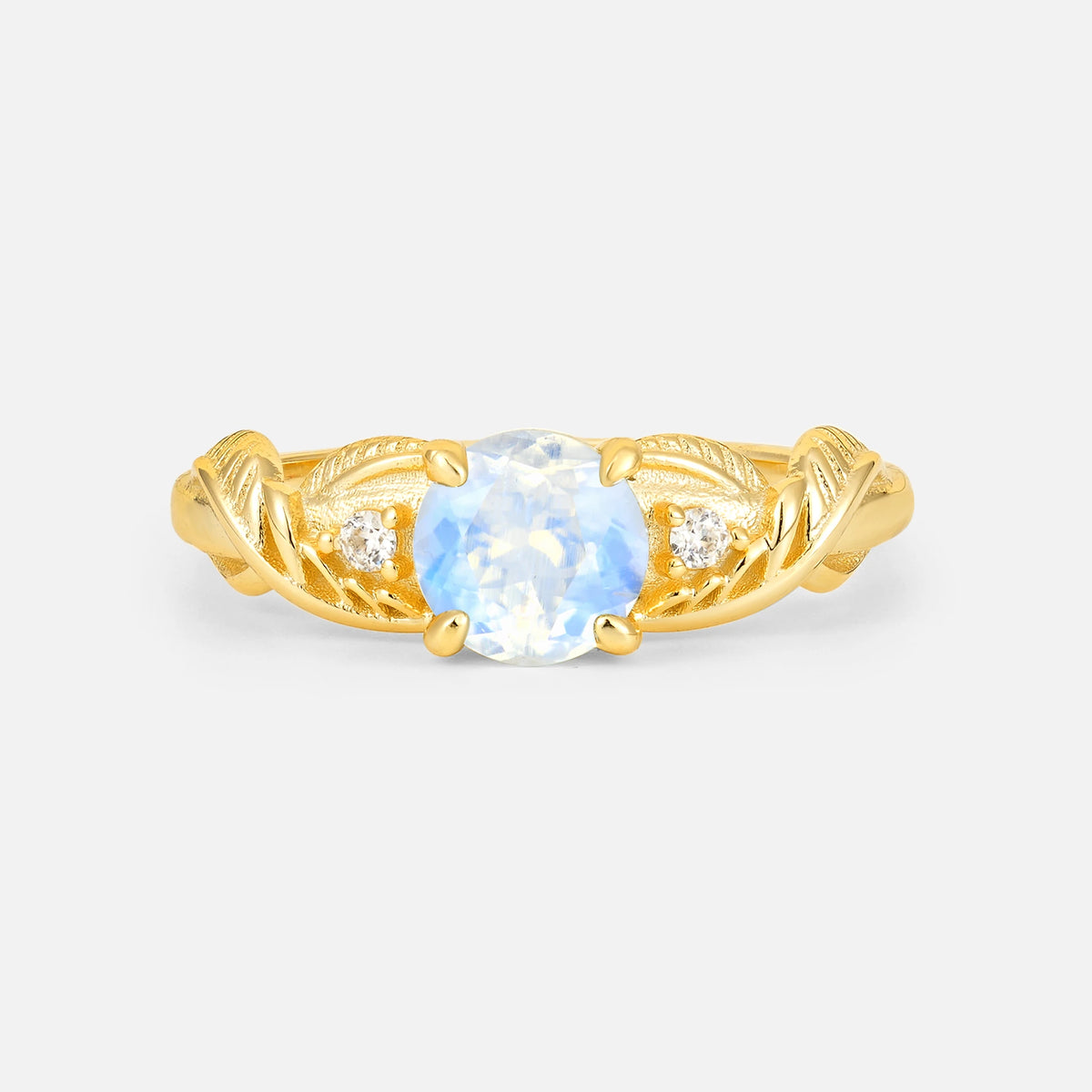 Round Cut Moonstone Leaf Vine Twist Engagement Ring