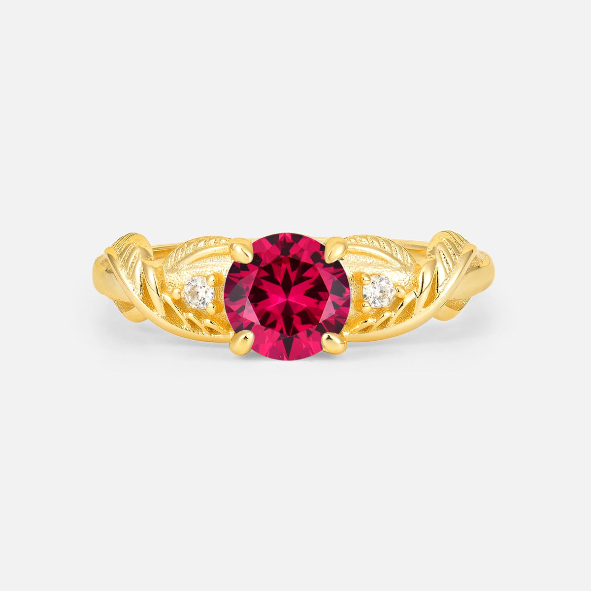 Round Cut Ruby Leaf Vine Twist Engagement Ring