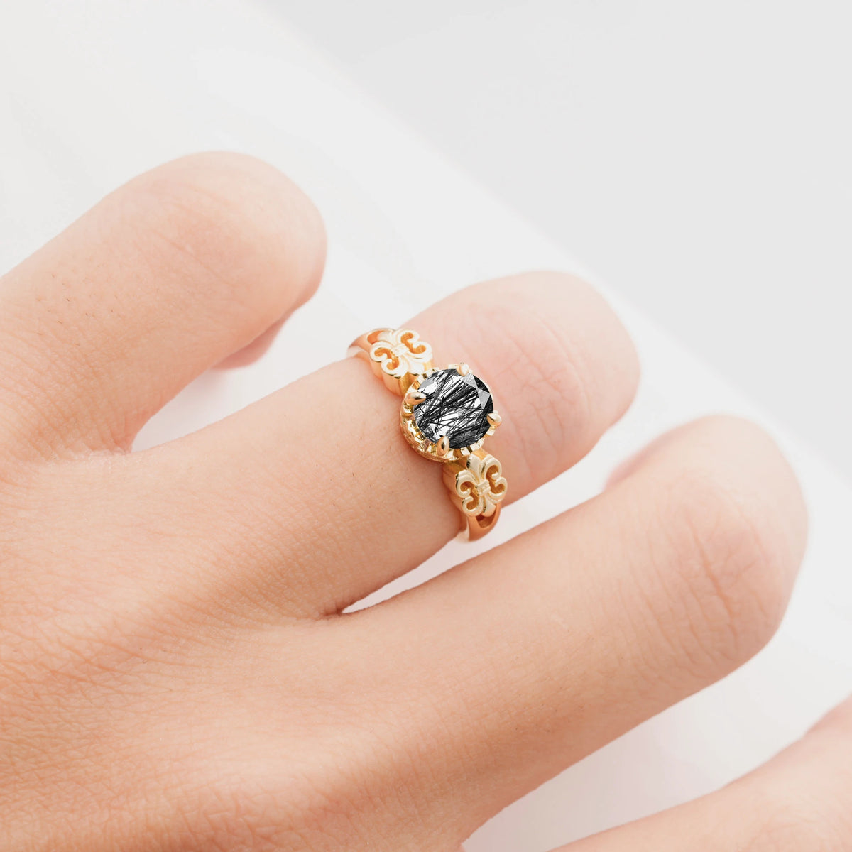 Vintage Round-Cut Black Rutilated Quartz Engagement Ring