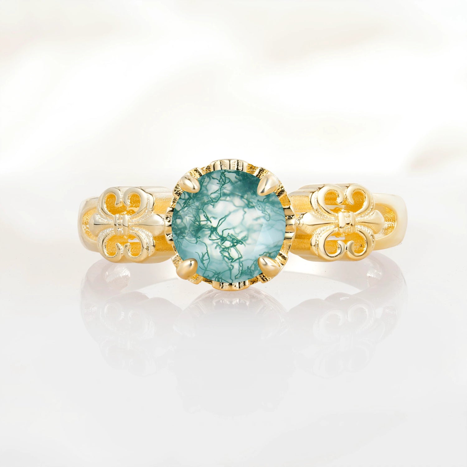 Vintage Round-Cut Moss Agate Engagement Ring