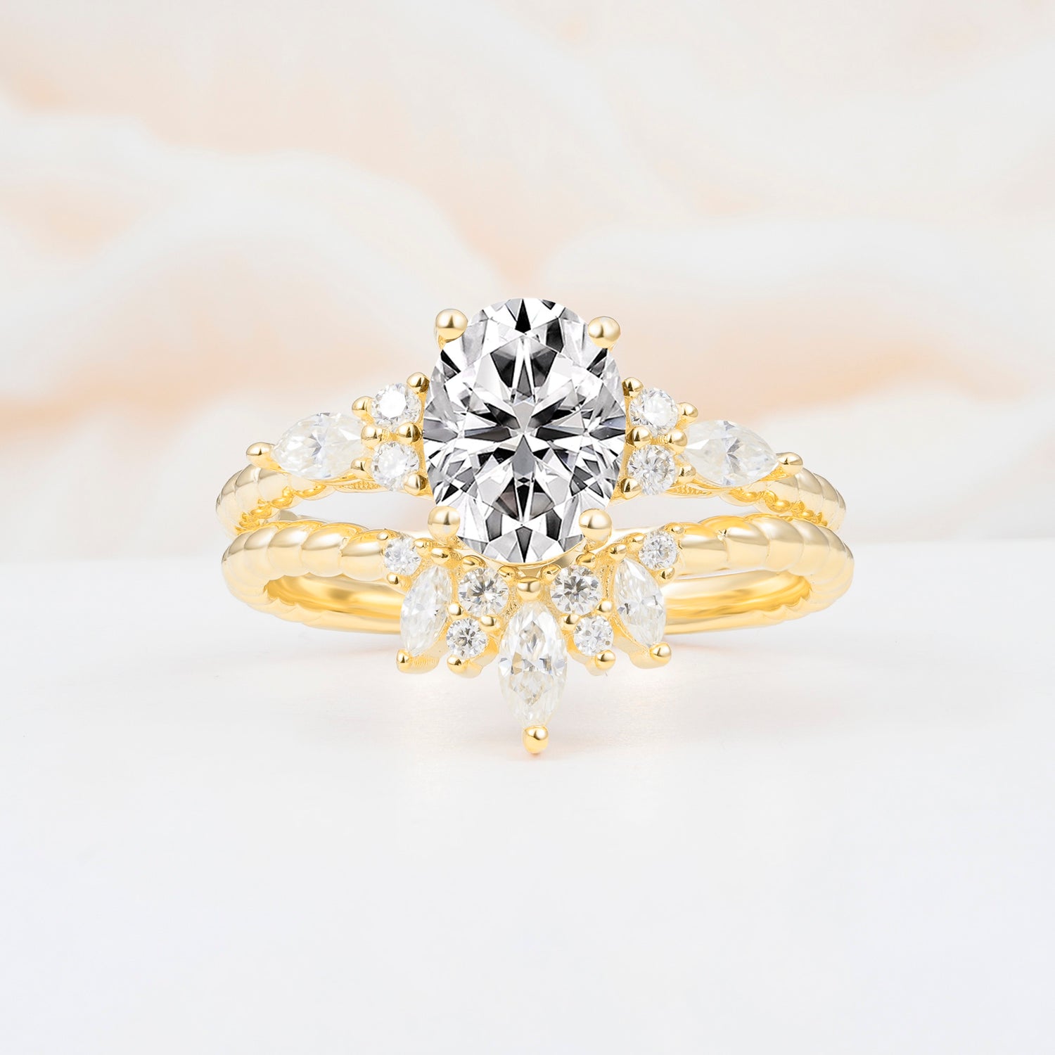 Vintage Oval Cut Lab Diamond Twisted Band Crown Halo Engagement Ring