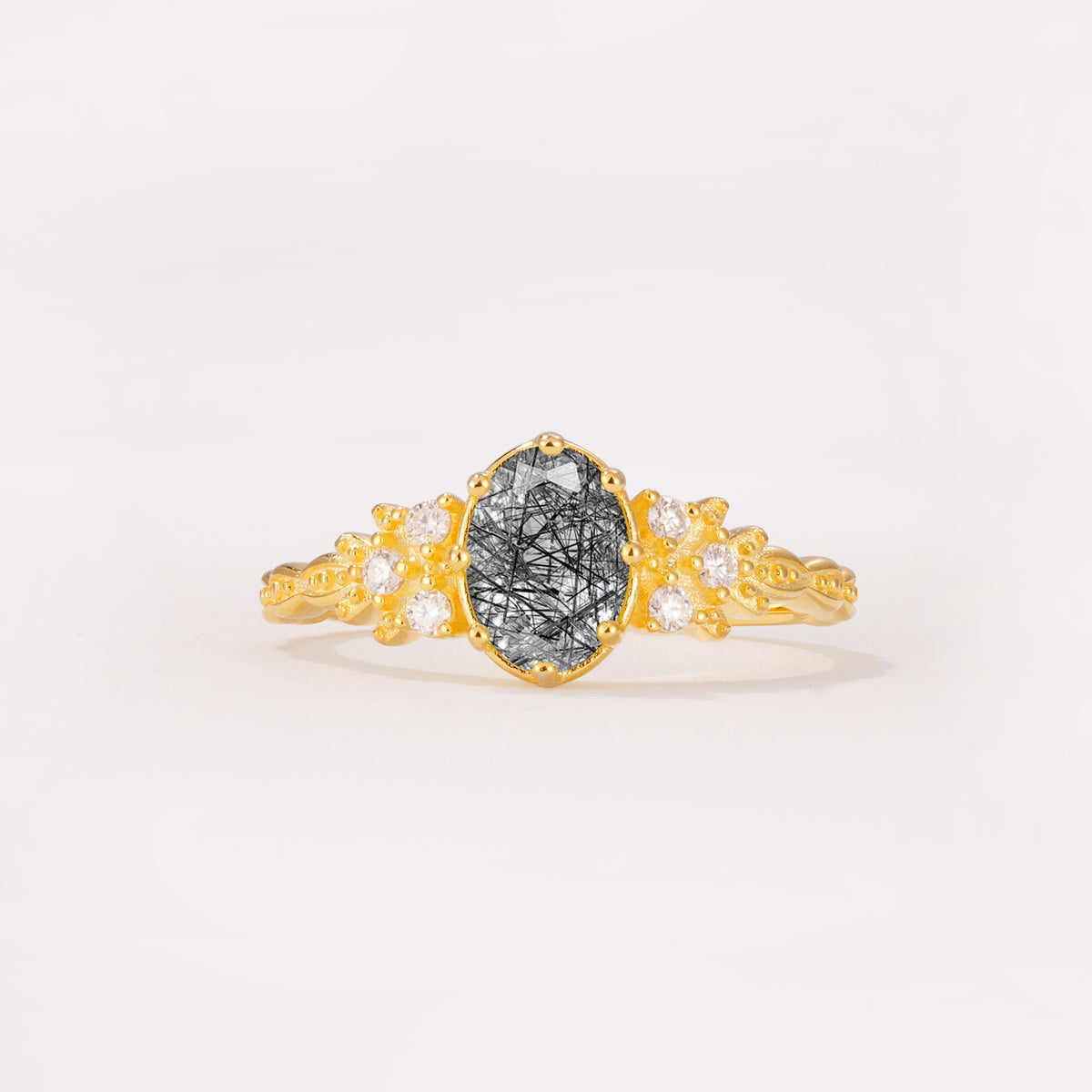 ML07048 Black Rutilated Quartz Ring - Yellow-Gold