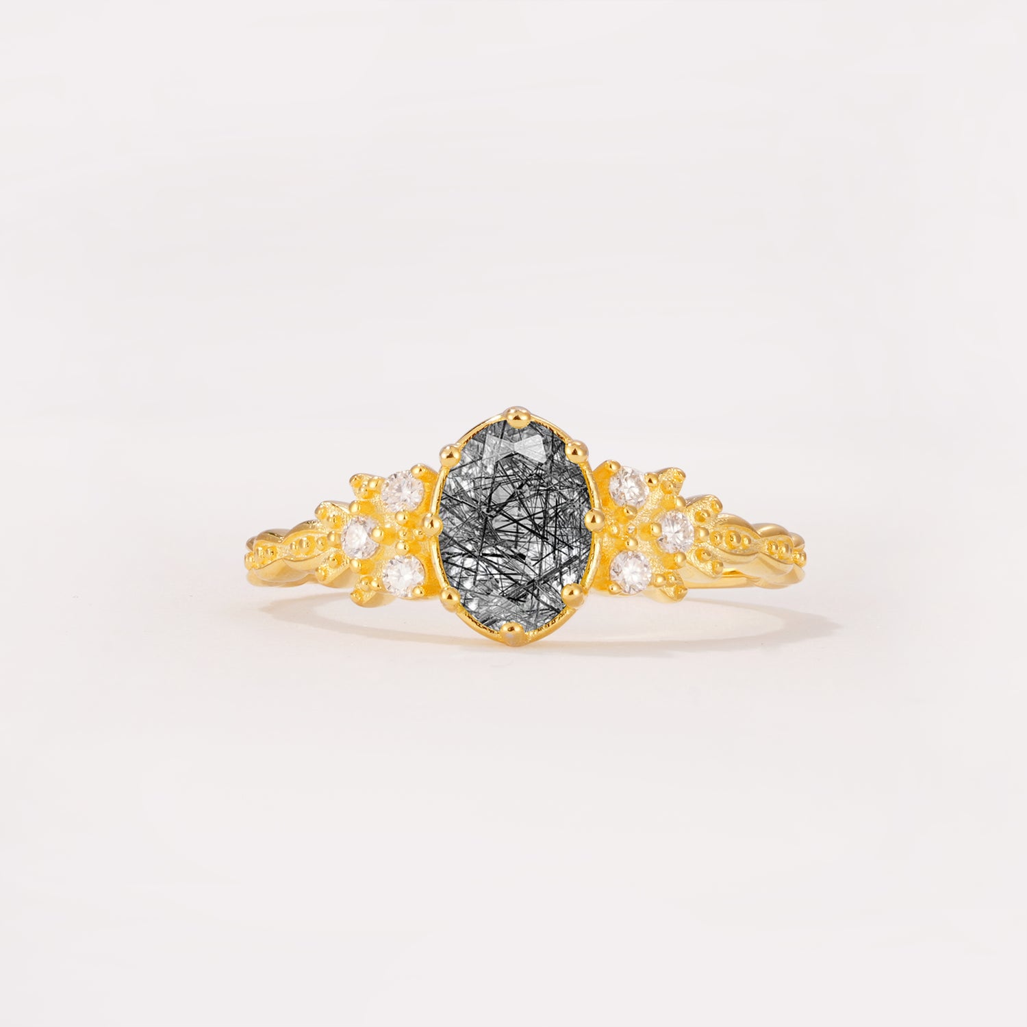 ML07048 Black Rutilated Quartz Ring - Yellow-Gold
