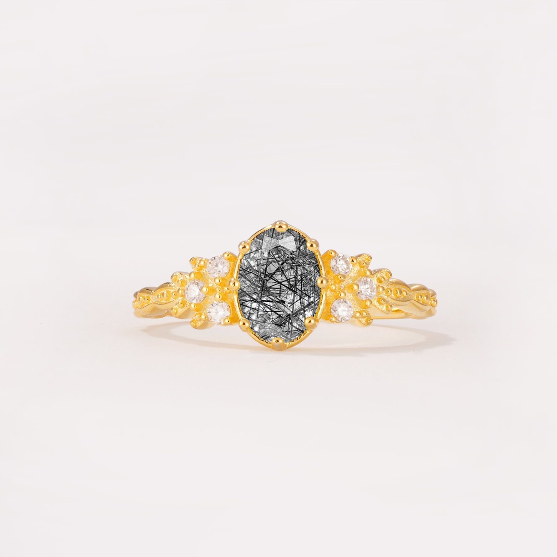 ML07048 Black Rutilated Quartz Ring - Yellow-Gold