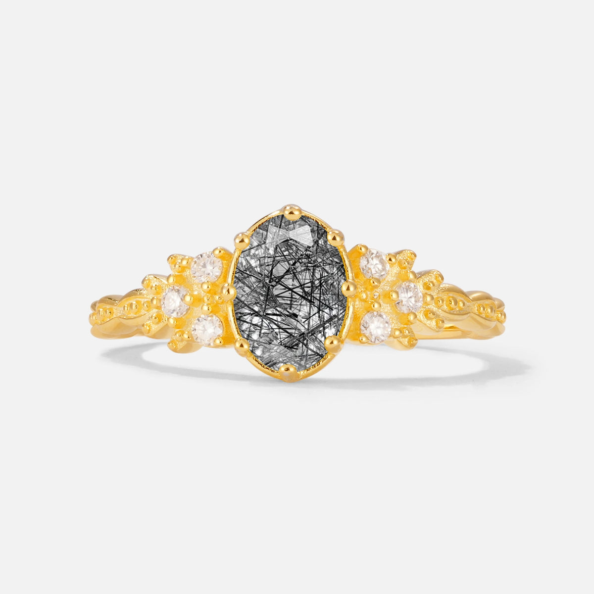 Oval Cut Black Rutilated Quartz Vintage Floral Engagement Ring for Her