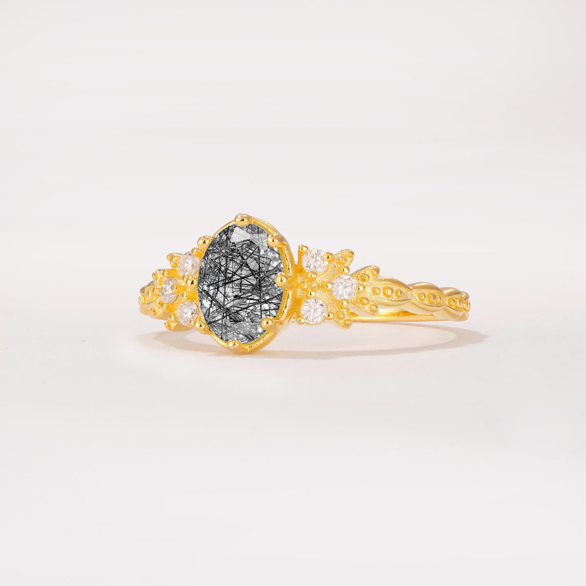 ML07048 Black Rutilated Quartz Ring - White-Gold