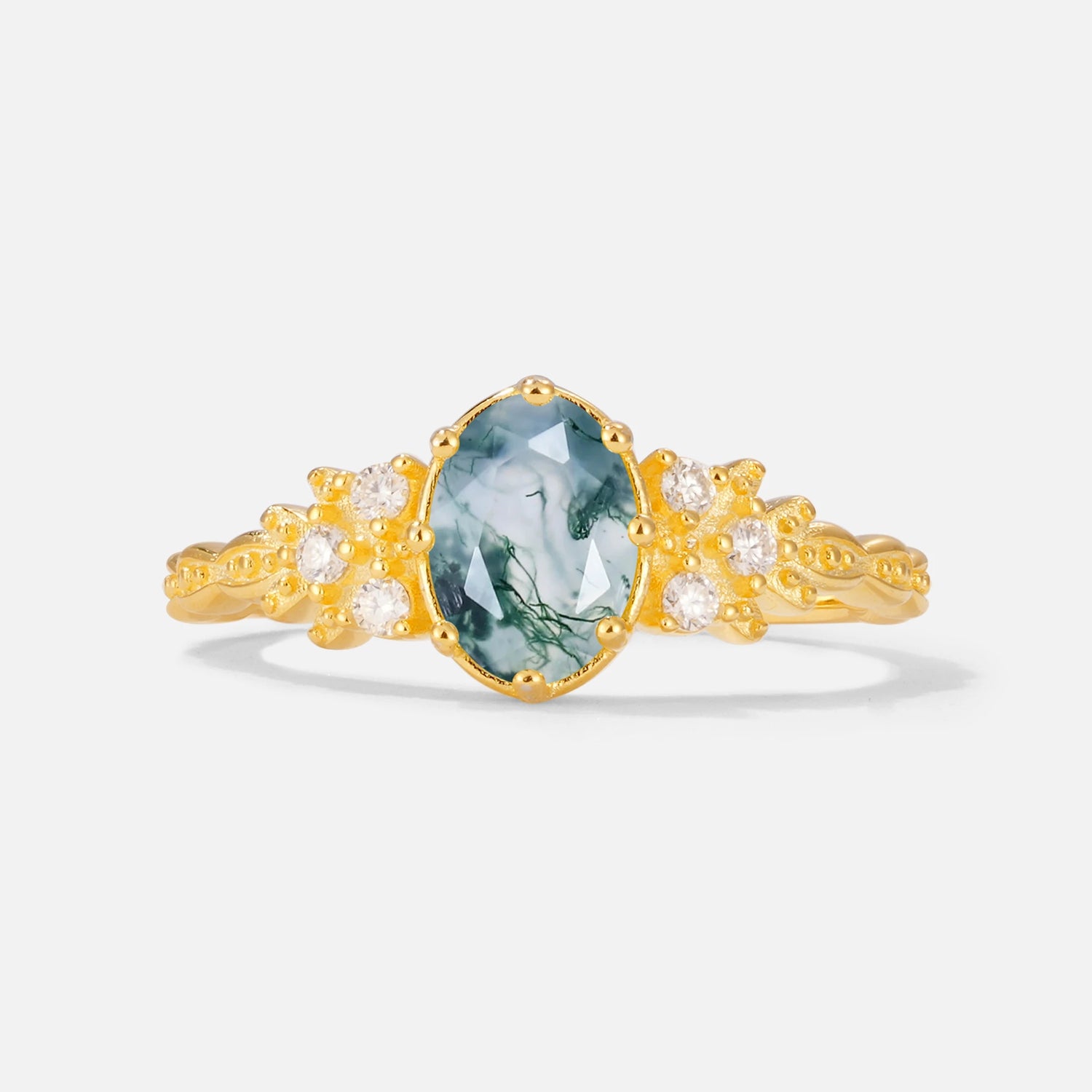 Oval Cut Moss Agate Vintage Floral Engagement Ring for Her