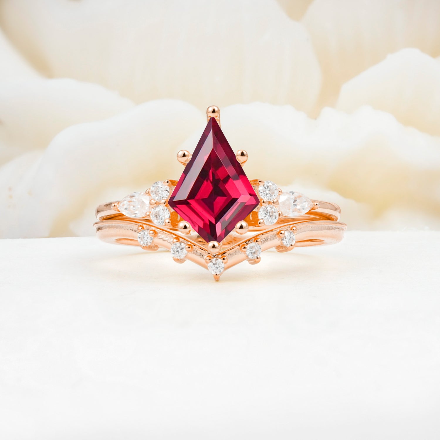 Luxury Kite Cut Ruby Bridal Ring Set