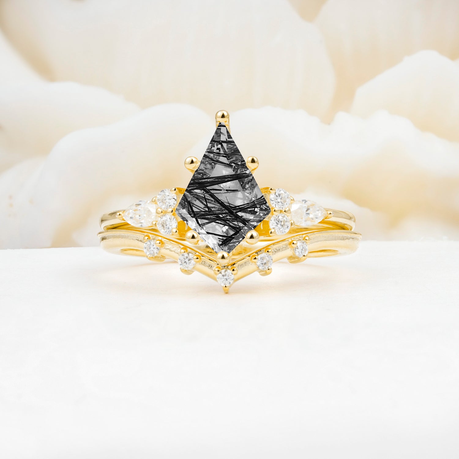 Luxury Kite Cut Black Rutilated Quartz Bridal Ring Set