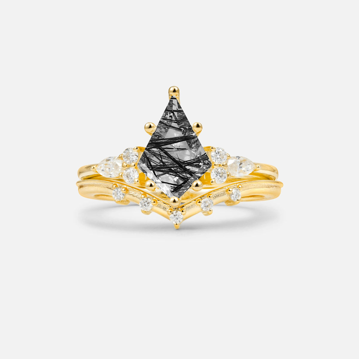 Luxury Kite Cut Black Rutilated Quartz Bridal Ring Set