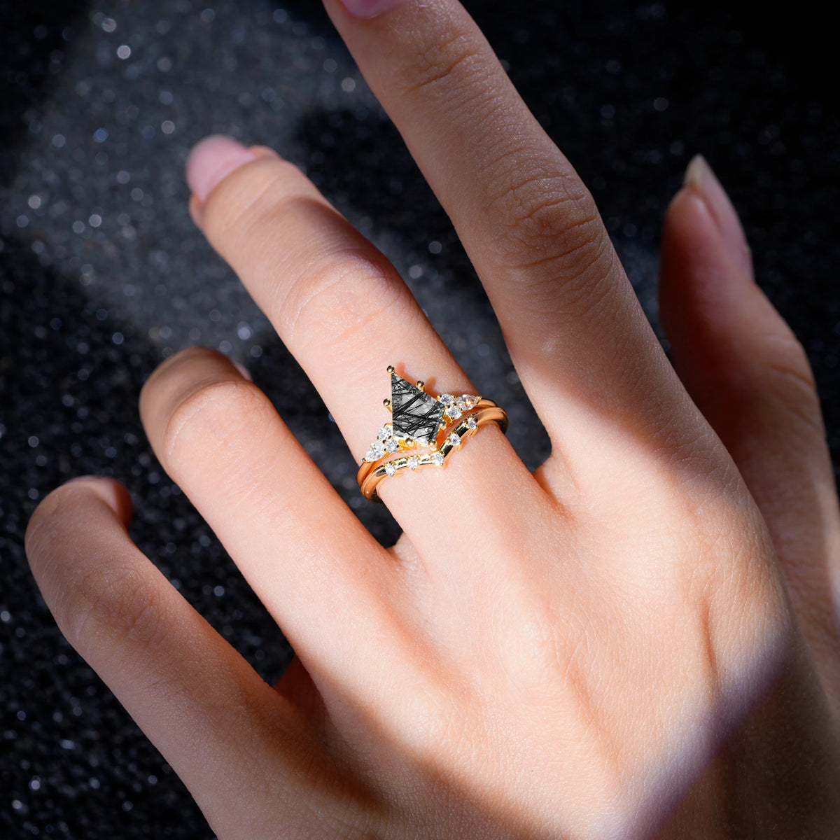 Luxury Kite Cut Black Rutilated Quartz Bridal Ring Set