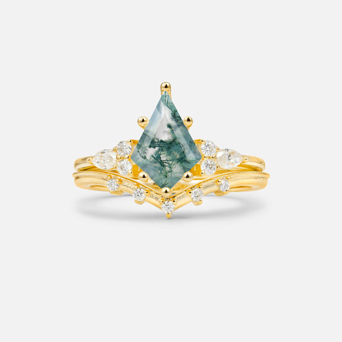 Luxury Kite Cut Moss Agate Bridal Ring Set