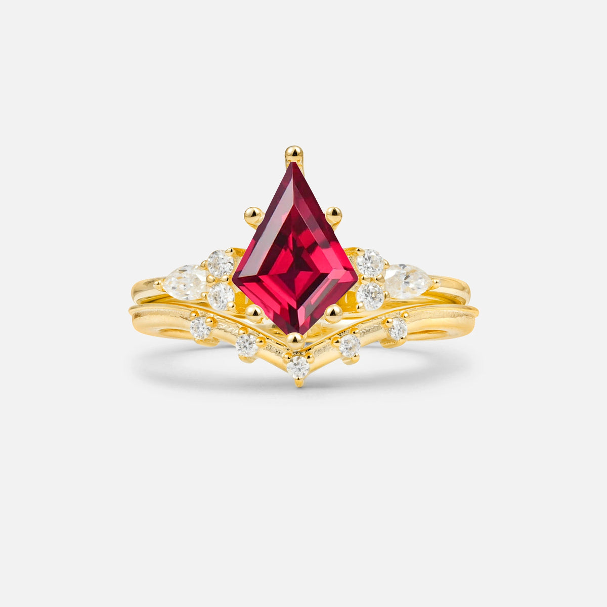 Luxury Kite Cut Ruby Bridal Ring Set