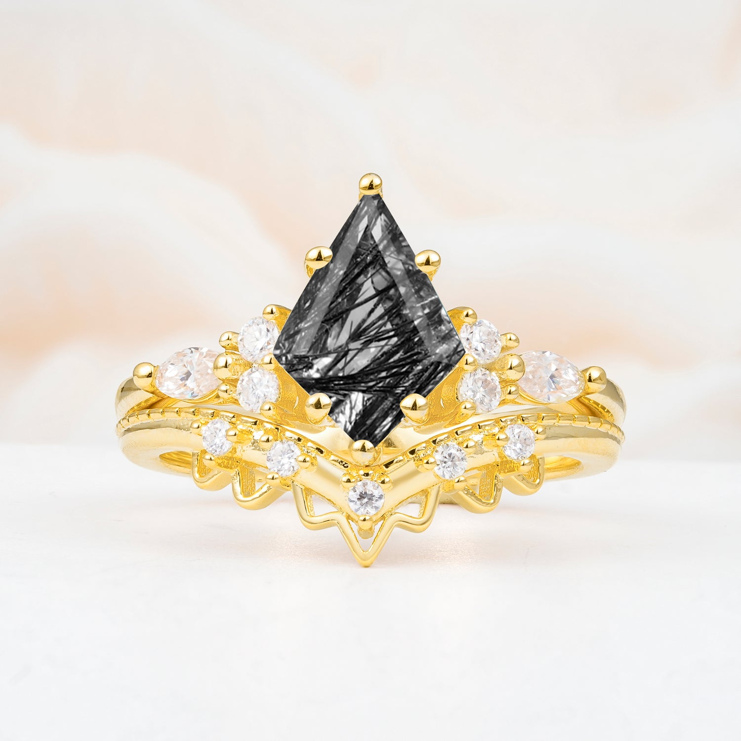 Kite Cut Black Rutilated Quartz Bridal Ring Set Bridal Ring Set