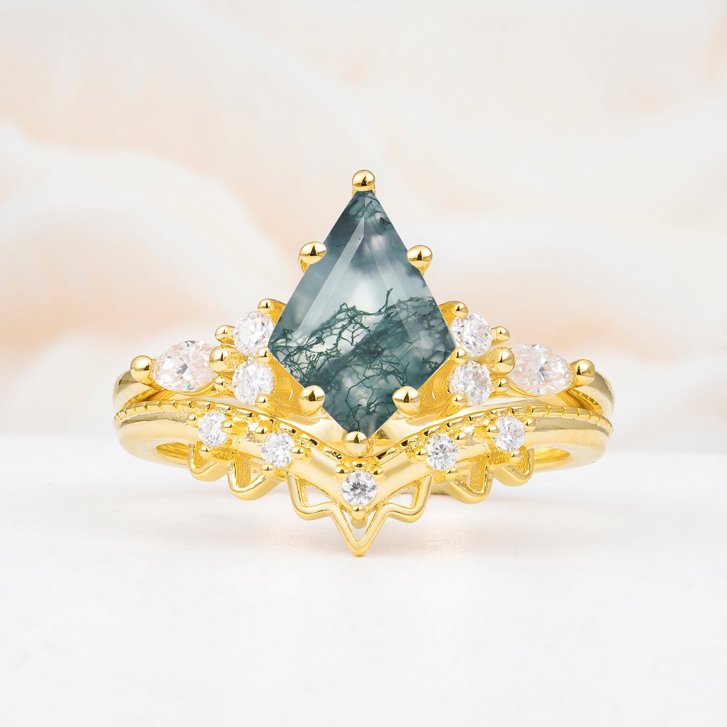 Kite Cut  Moss Agate Bridal Ring Set Bridal Ring Set