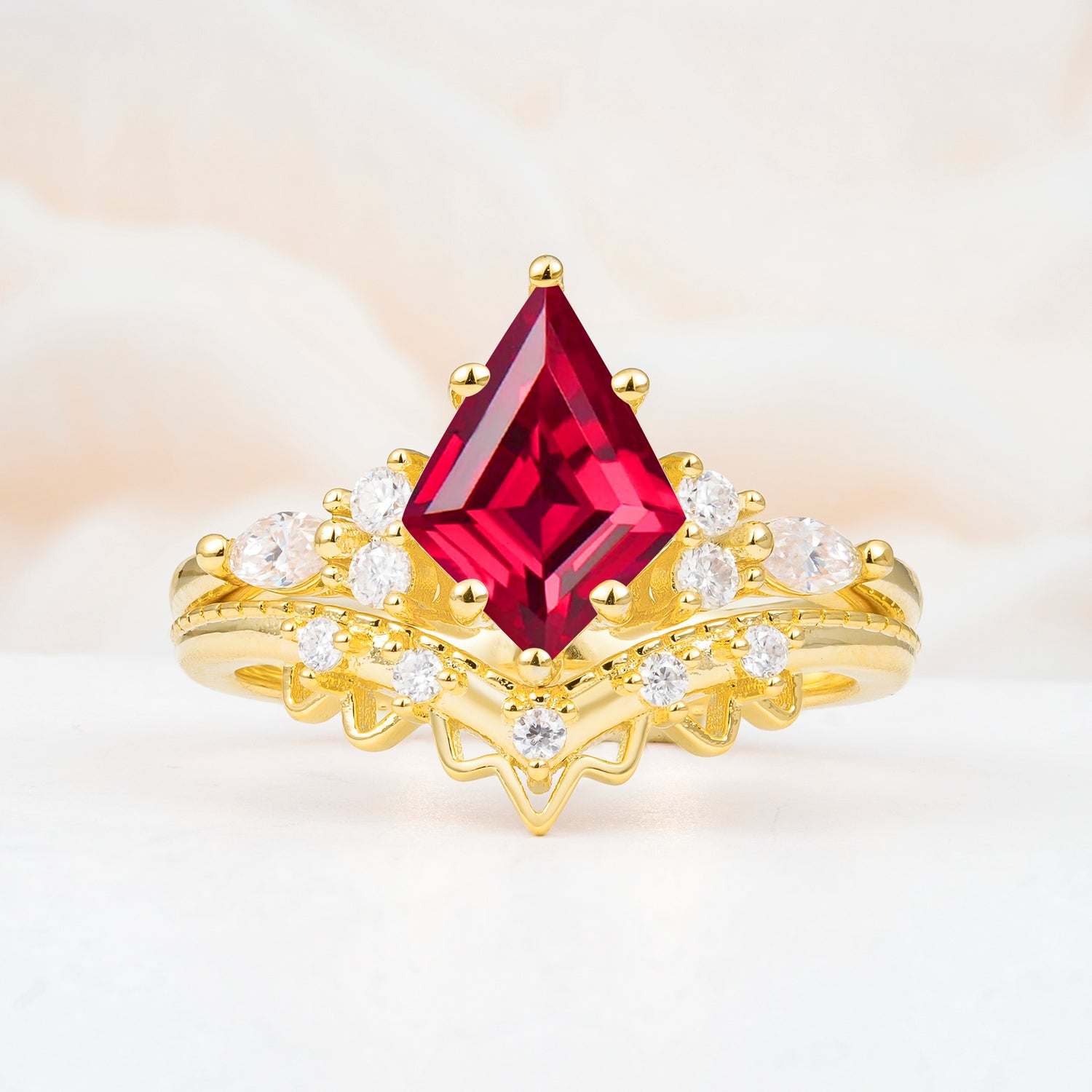 Kite Cut Ruby Bridal Ring Set Bridal Ring Set