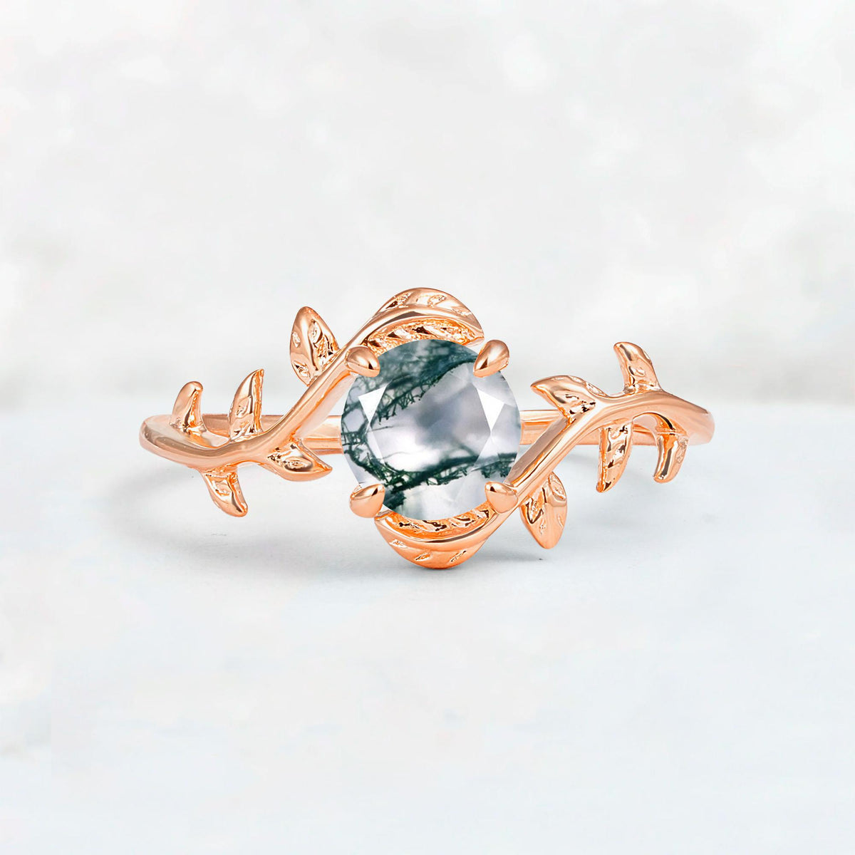 Round Cut Nature-Inspired Moss Agate Solitaire Engagement Ring - Additional view