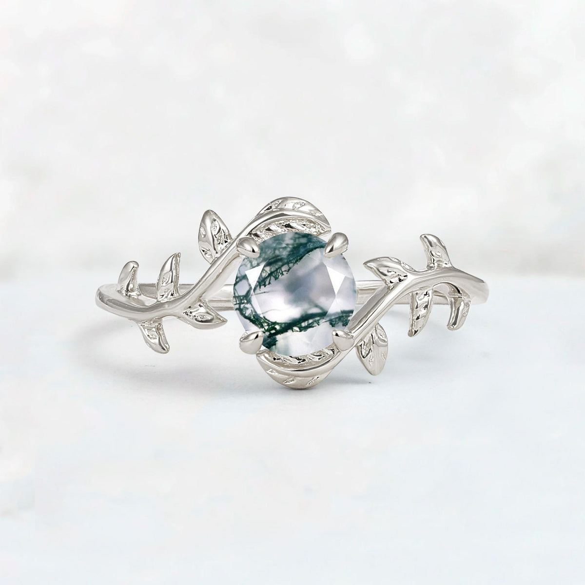 Round Cut Nature-Inspired Moss Agate Solitaire Engagement Ring - Additional view