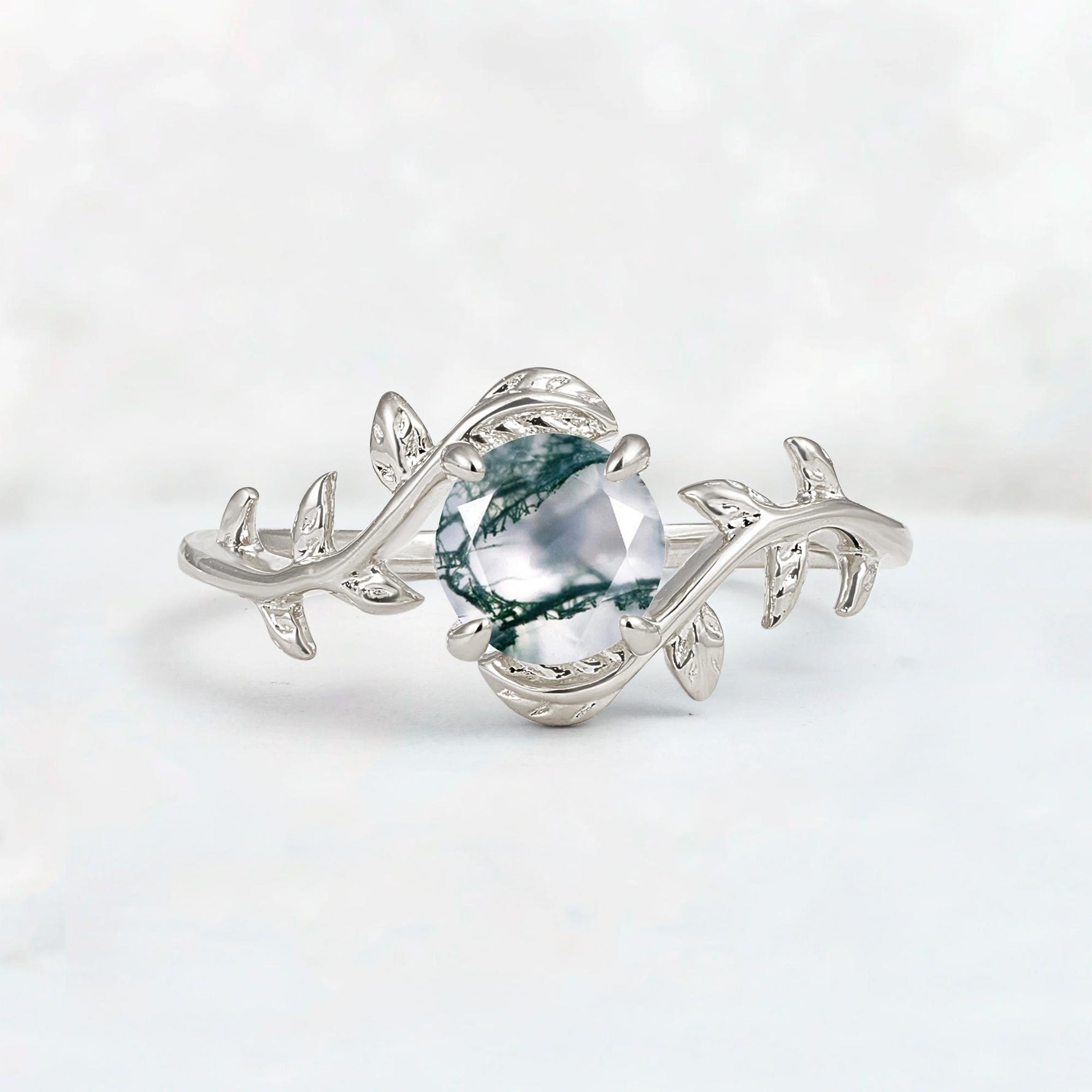 Round Cut Nature-Inspired Moss Agate Solitaire Engagement Ring - Additional view