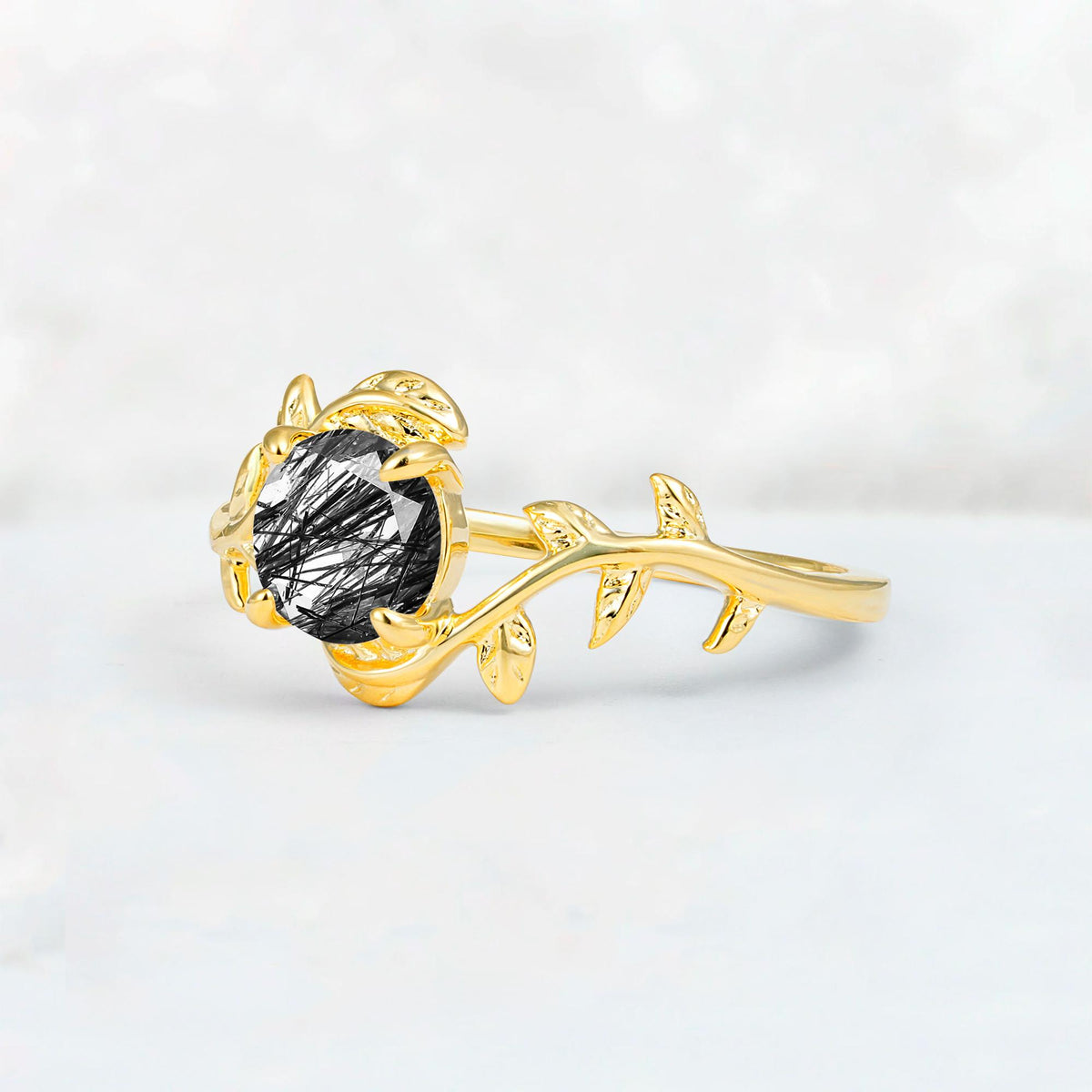 Round Cut Nature-Inspired Black Rutilated Quartz Solitaire Engagement Ring - Additional view